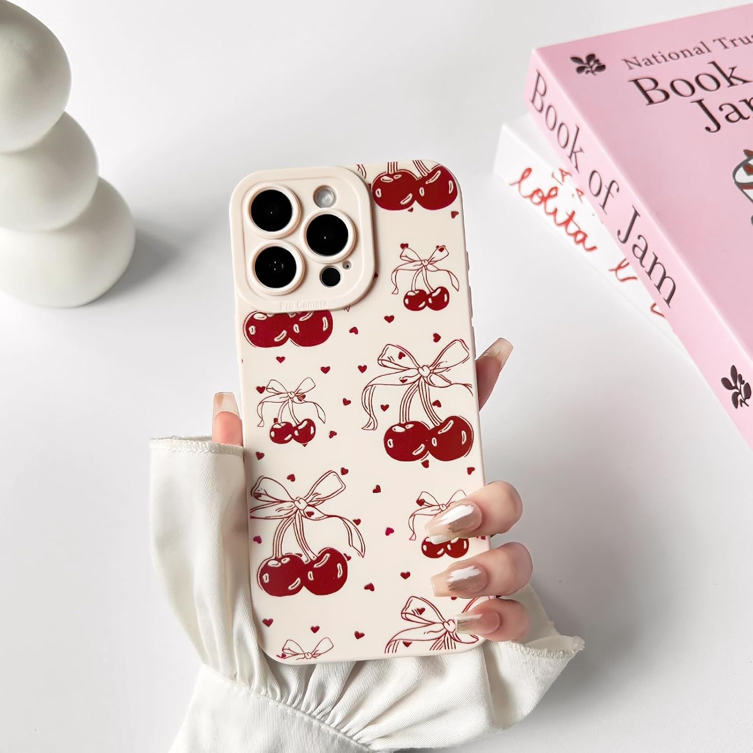 NITITOP Compatible with iPhone 12 Case Cute Cherry Bowknot Little Heart Pattern for Girls Women Soft TPU Durable Full Camera Lens Shockproof Protective Cover - White