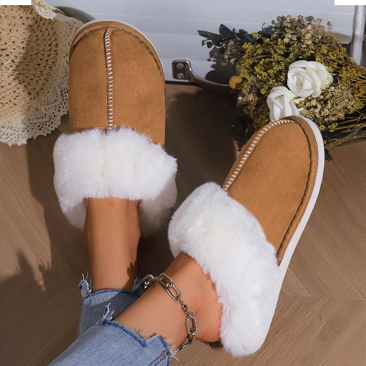 TopG Fuzzy Memory Foam Slippers Fluffy Winter House Slippers Suede Slippers with Faux Fur Collar Indoor Outdoor