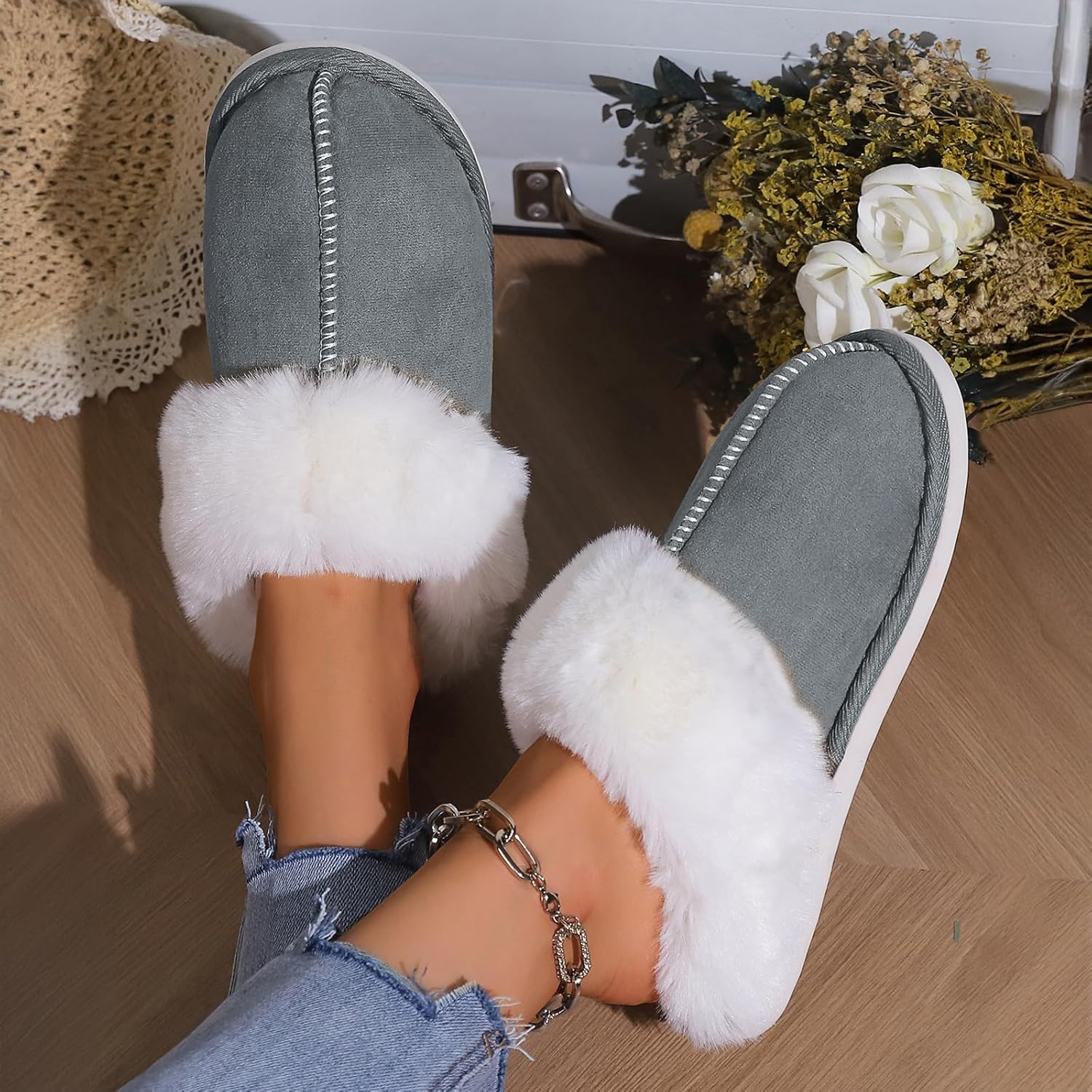 TopG Fuzzy Memory Foam Slippers Fluffy Winter House Slippers Suede Slippers with Faux Fur Collar Indoor Outdoor