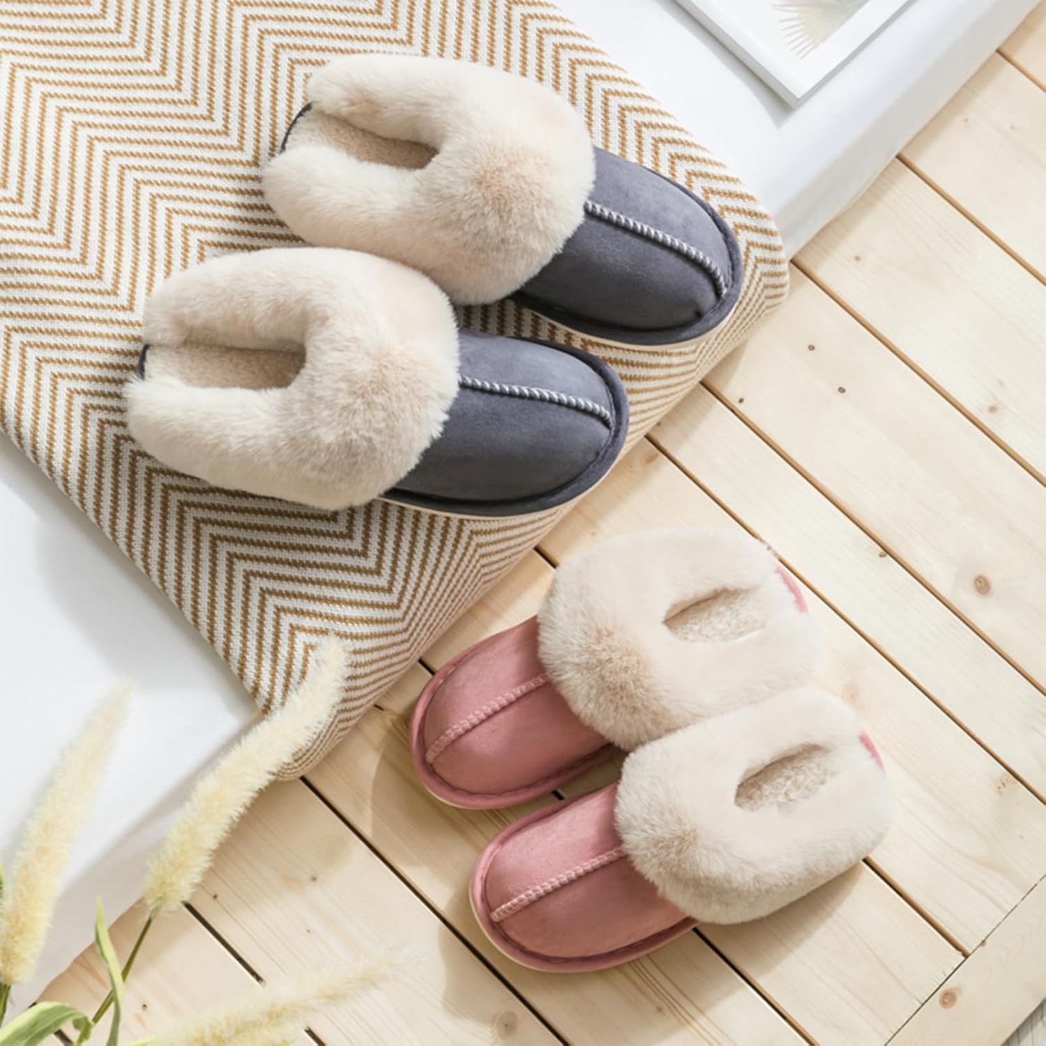 TopG Fuzzy Memory Foam Slippers Fluffy Winter House Slippers Suede Slippers with Faux Fur Collar Indoor Outdoor
