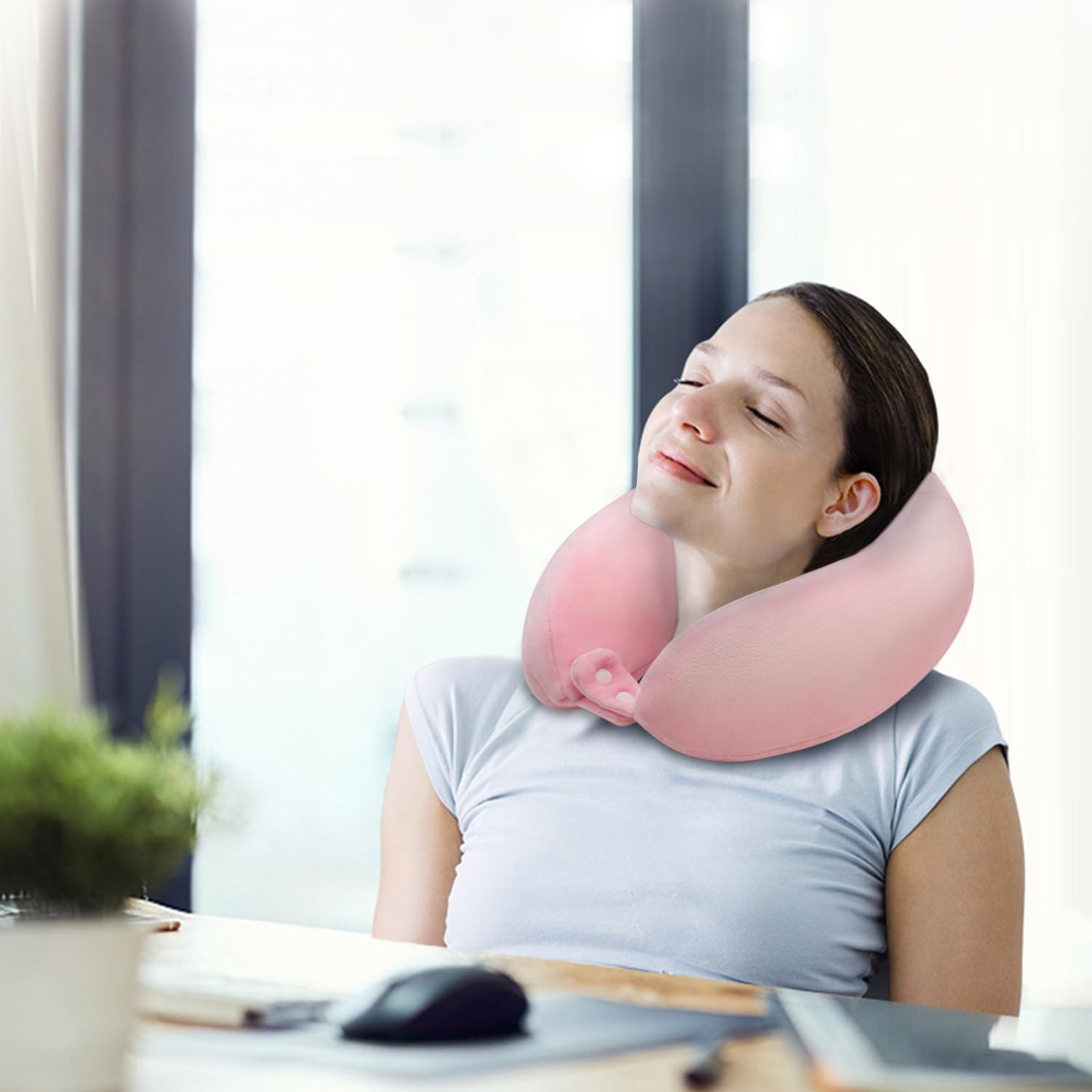 Travel Neck Pillows Adjustable U-Shaped Memory Foam Airplane Pillows Support Headrest and Neck Removable Breathable Neck Pillow for Car Office Home Camping Use Purple Color