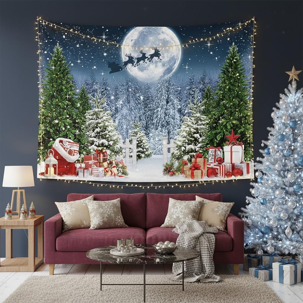 7x5ft Fabric Christmas Backdrop for Photography,Winter Night Snow Background Xmas Tree Forest Snowfall Starry Sky Moon Santa Photo Banner Props