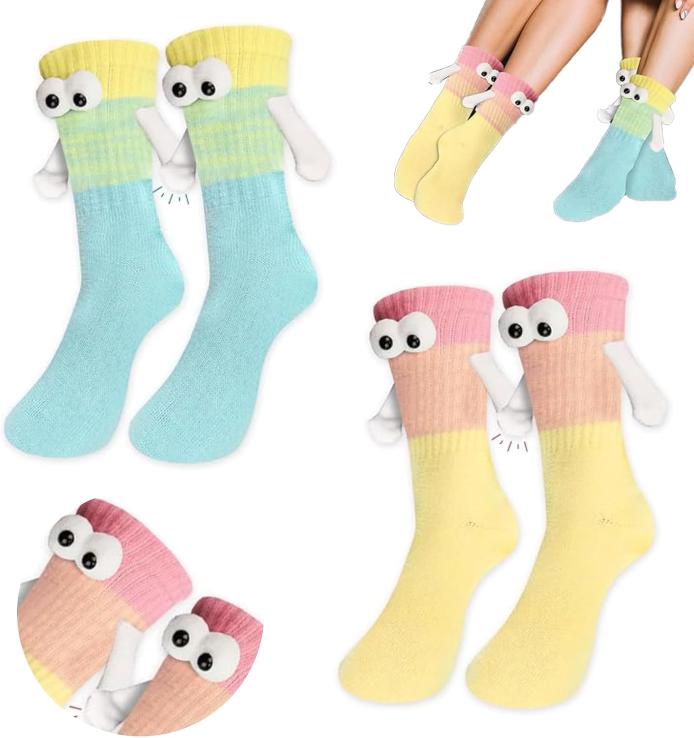 Zurligi 2 Pairs Holding Hands Socks, Funny Magnetic Hand Holding Cute Socks for Men Women, 3D Doll Couple Novelty Birthday for Lovers, Boyfriend, Family