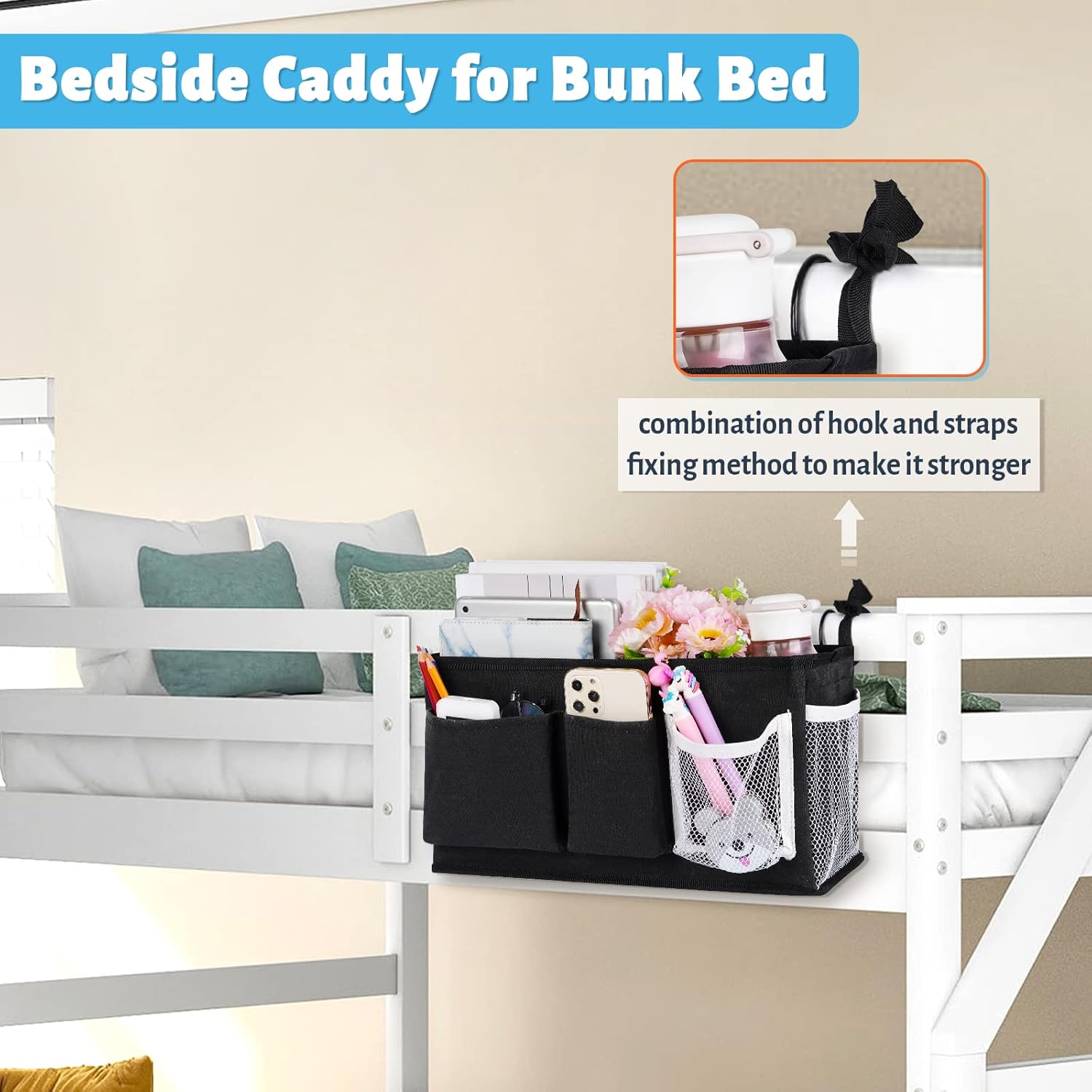 Loghot Bedside Caddy/Bedside Storage Bag Hanging Organizer for Bunk and Hospital Beds,Dorm Rooms Bed Rails,Can be Placed Glasses,Books,Mobile Phones,Keys (Light Pink)