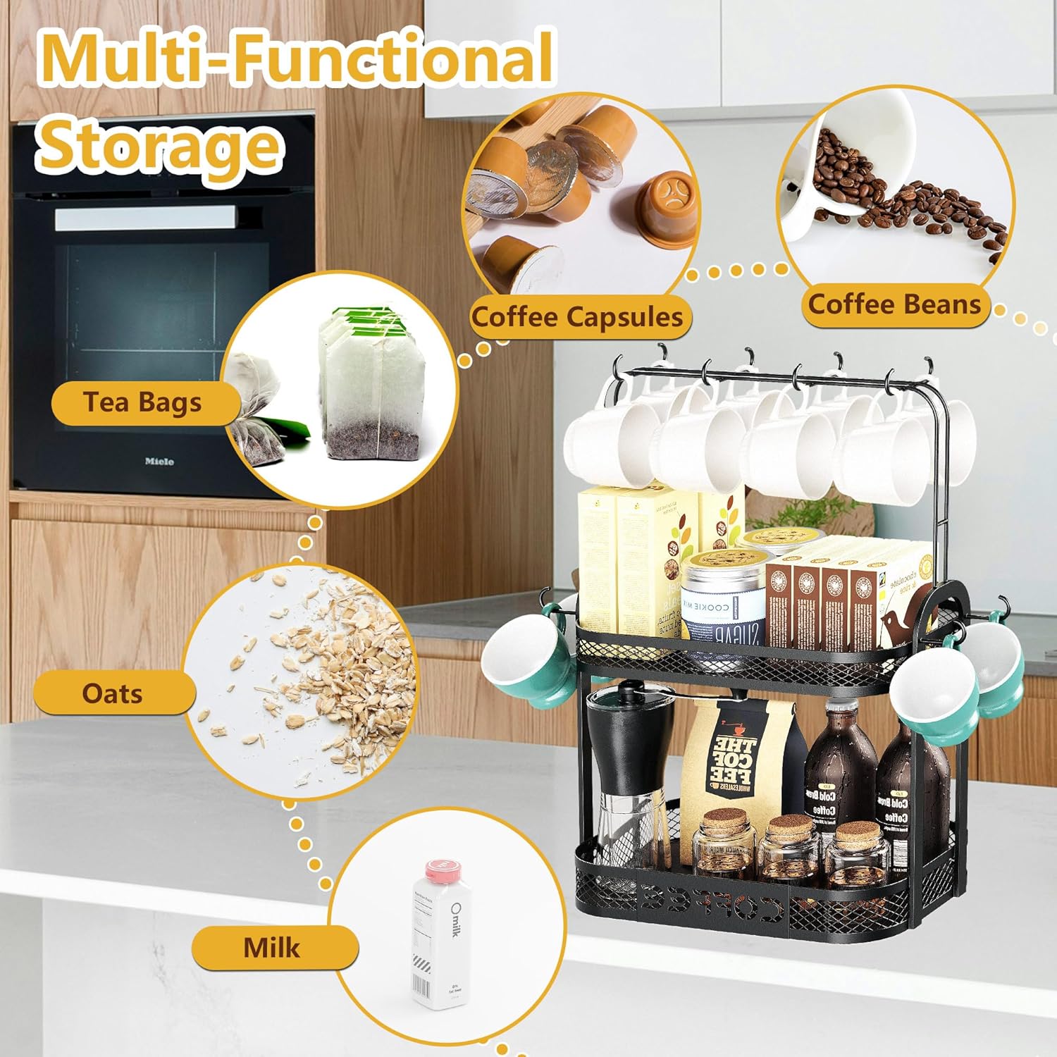 BEGULF 2-Tier Coffee Cup Holder for Countertop, Mug Holder with 12 Hooks, Vintage Mug Rack with Shelf, Coffee Bar Accessories Organizer, Suitable for Home, Office (Large)