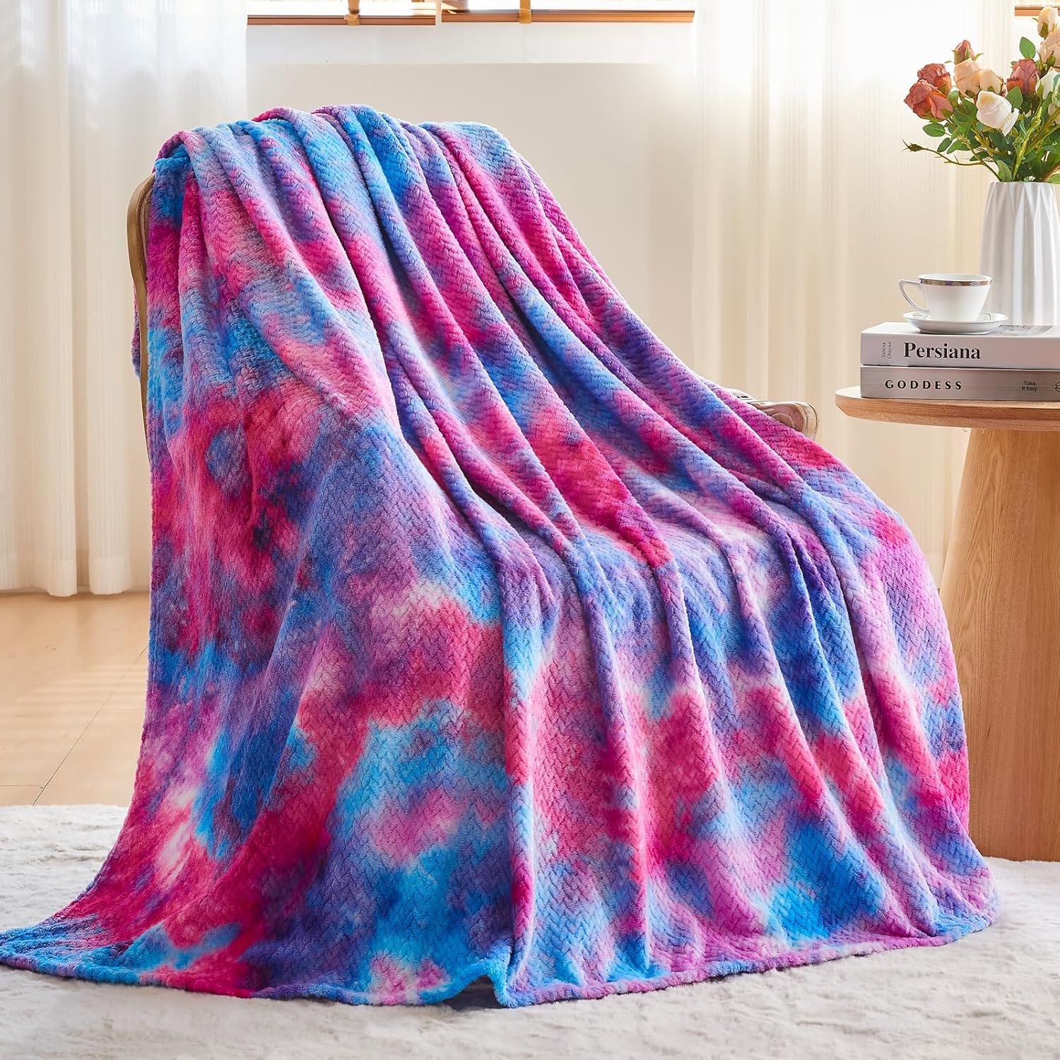 NEWCOSPLAY Super Soft Throw Blanket Deep Purple Rainbow Premium Silky Flannel Fleece Leaves Pattern Lightweight Bed Blanket All Season Use (Deep Purple Rainbow, Throw(50x60))