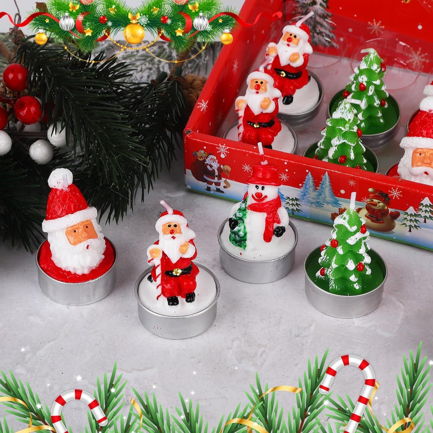 Christmas Tea Lights Candles for Home Decor,12Pcs Christmas Tealight Candle, Santa Claus, Tree, Snowman for Home Decoration Party Gifts