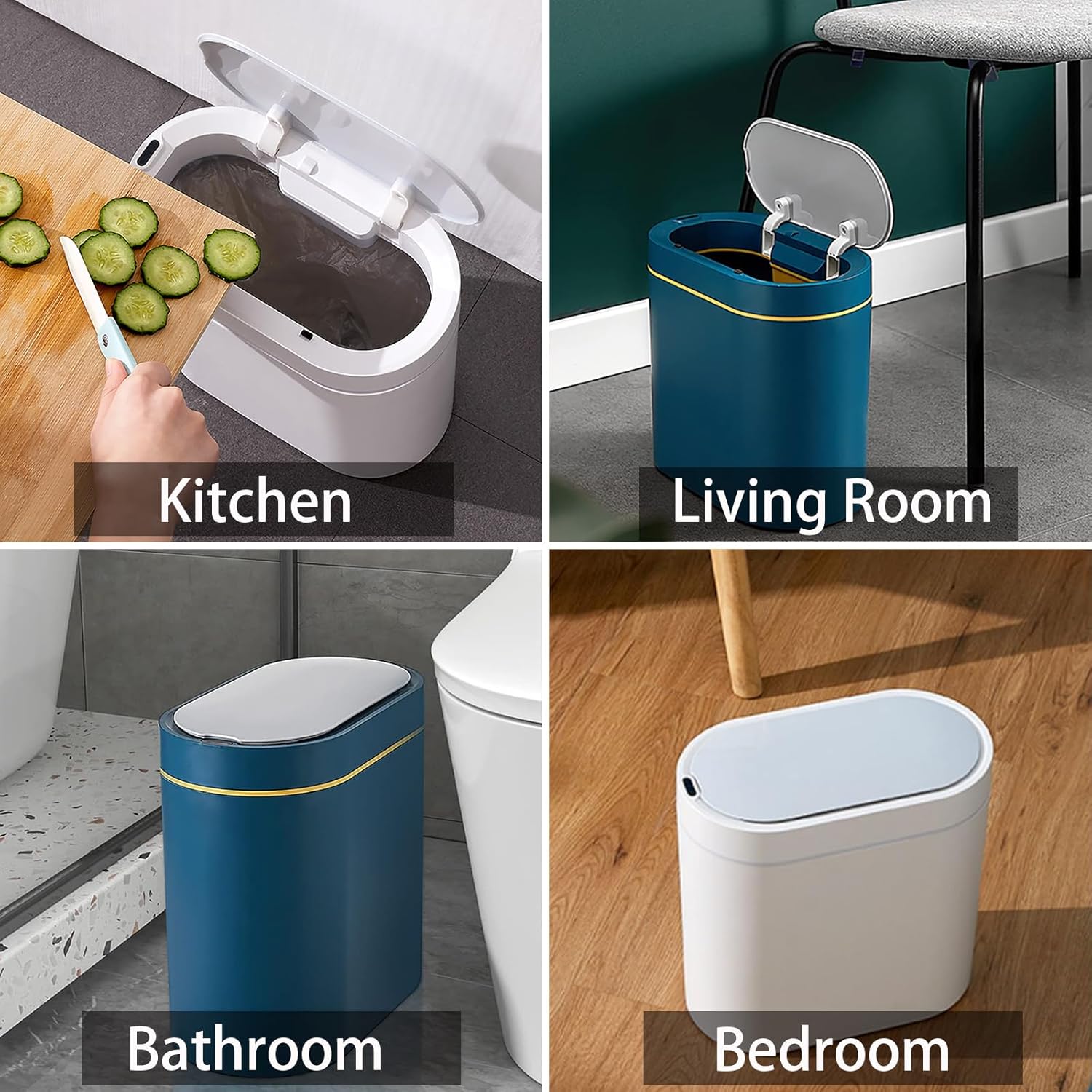 Automatic Trash Bin with Lid, Motion Sensor Garbage Can, 7 Liter Slim Plastic Wastebasket Rubbish Bin for Kitchen, Living Room, Bedroom, Office, White(No Battery)