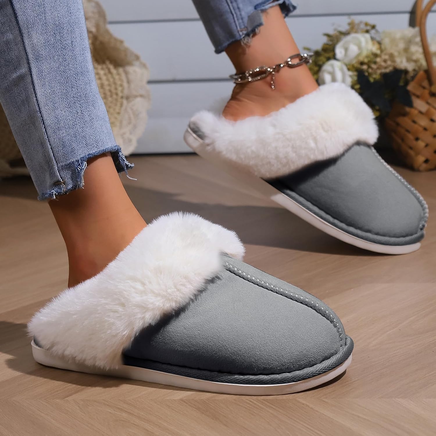 TopG Fuzzy Memory Foam Slippers Fluffy Winter House Slippers Suede Slippers with Faux Fur Collar Indoor Outdoor