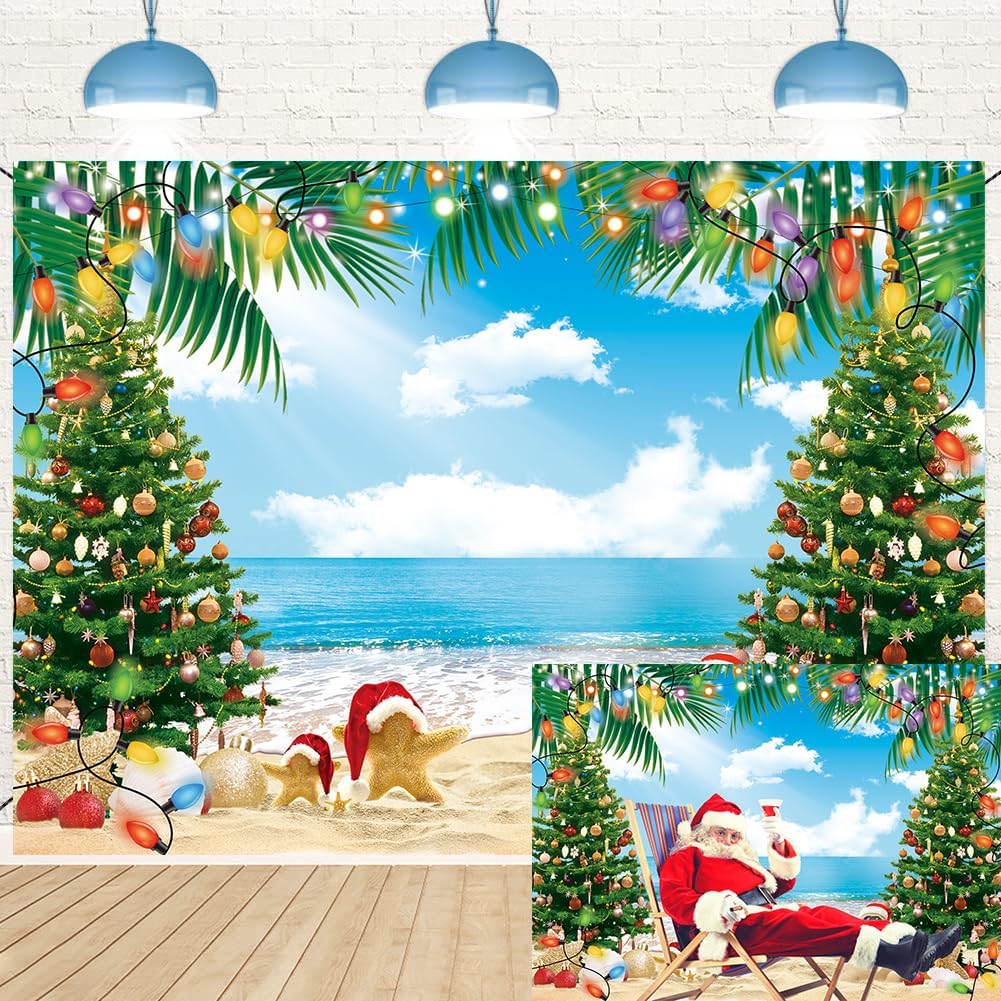July Christmas Backdrop 7x5FT Summer Beach Christmas Tree Decoration Photography Background Tropical Hawaiian Party Supplies Photo Props