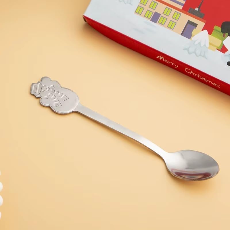 LIVSY Christmas Cartoon Stainless Steel Coffee Spoons – Cute Holiday Mixing Spoon Gift Set for Coffee, Tea, Dessert & Tableware (Gold/Silver, 4-Pack) (Silver)