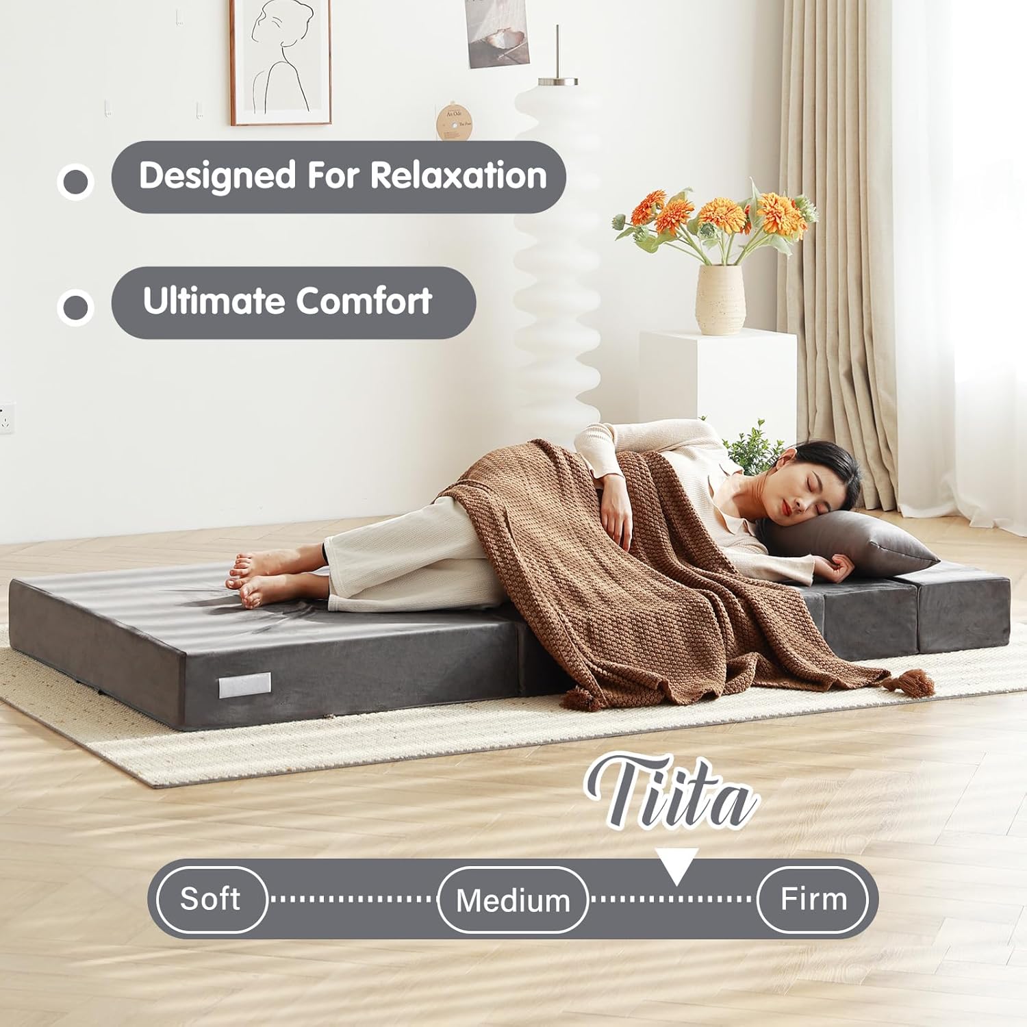 Tiita Folding Sofa Bed with Pillow 200x70x12cm Mattress&Plush Fabric Foldable Sofa Lounge Mat Pad,Floor Lounger Chair Bed for Living Room,Guest Room,Dorm,Apartment,Camping and Travel Use