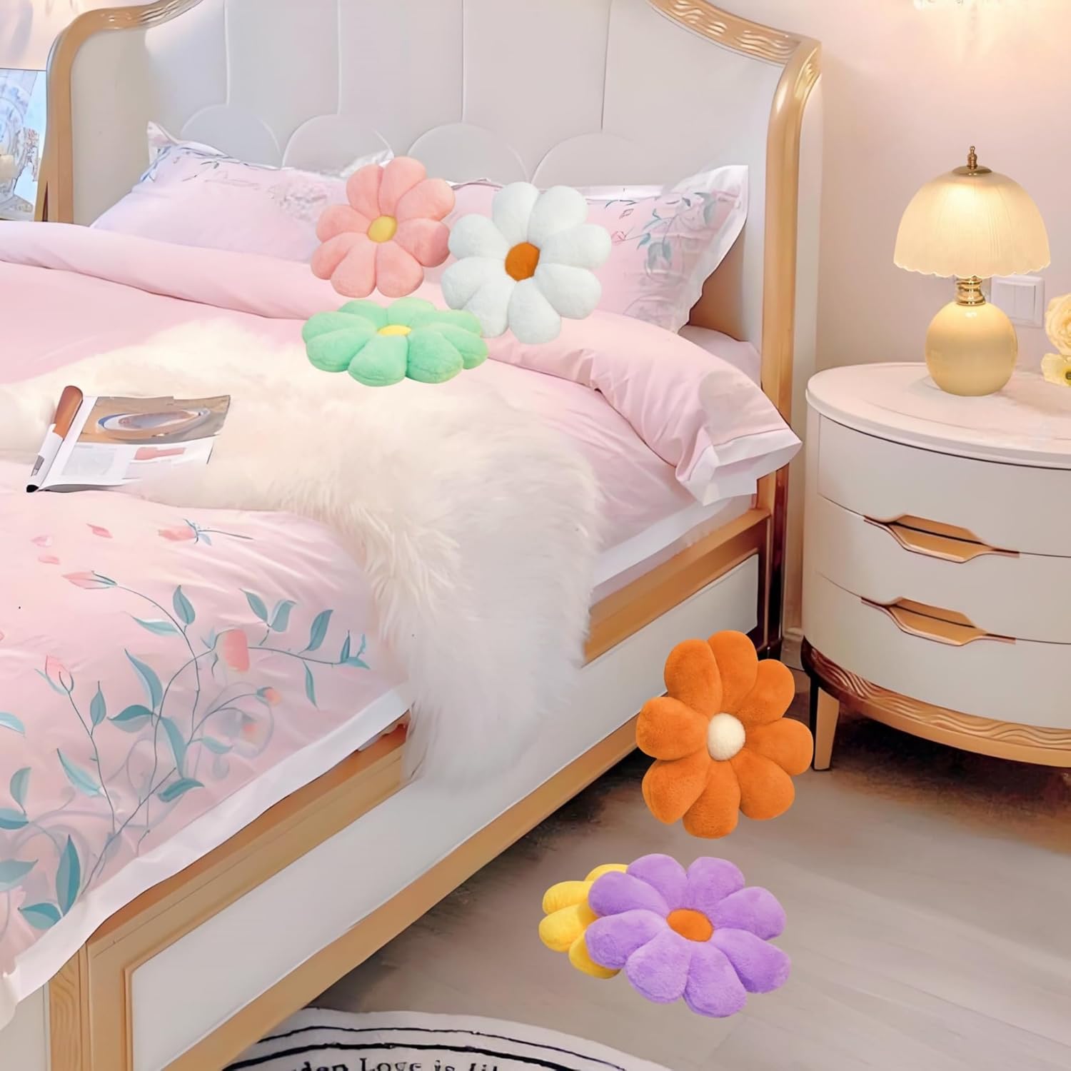 2 Pcs Flower Pillow Floor Cushion Decorative Throw Pillows Cute Aesthetic Pillows Cushions for Bedroom Preppy Room Bed Sofa Chair Decor (Pink & White)