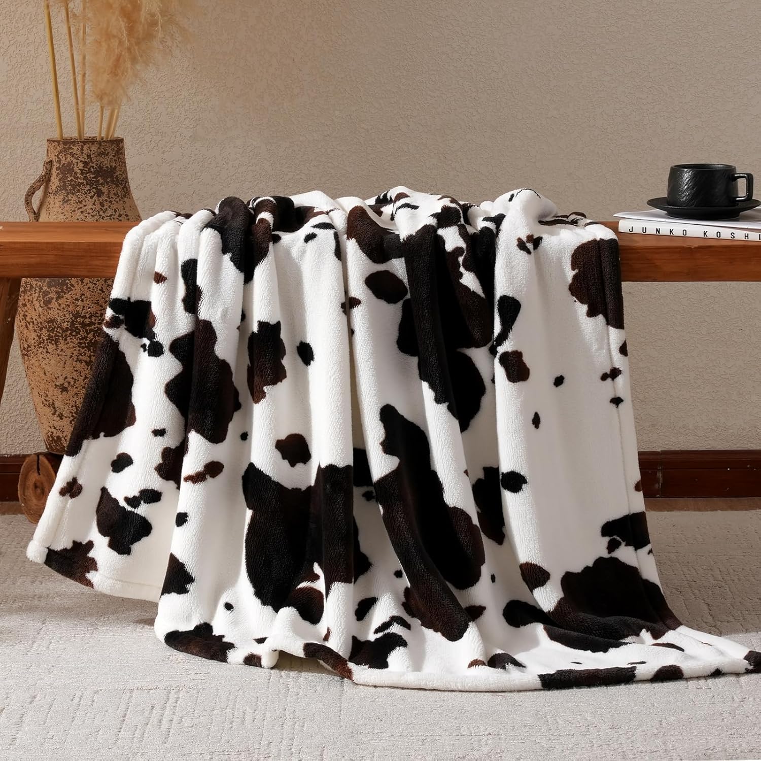 Cozy Bliss Cow Print Fuzzy Throw Blanket for Couch - Thick Soft Warm Non Shedding Fleece Blankets for Western Décor Room, for Kids, Women Men Girls, Teal Blue 50*60