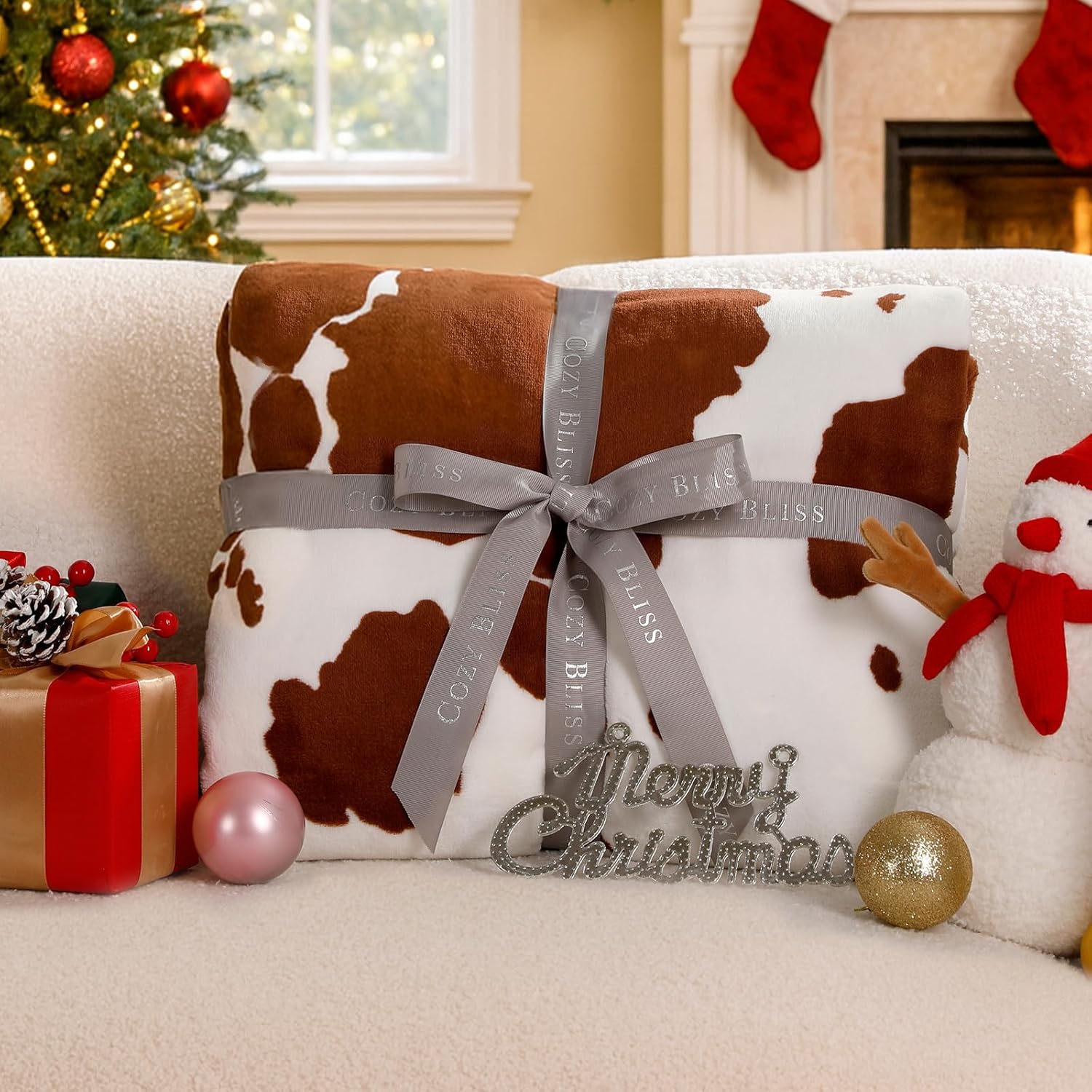 Cozy Bliss Cow Print Fuzzy Throw Blanket for Couch - Thick Soft Warm Non Shedding Fleece Blankets for Western Décor Room, for Kids, Women Men Girls, Teal Blue 50*60