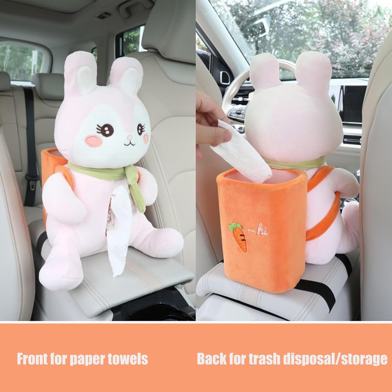 Car Tissue Box - Plush Animal Dispenser for Travel, Multifunctional Tissue Holder with Trash Can, Cute Armrest Organizer, Soft Storage Bag, Napkin Holder for SUV Truck Rv Auto Driver Kids Adults