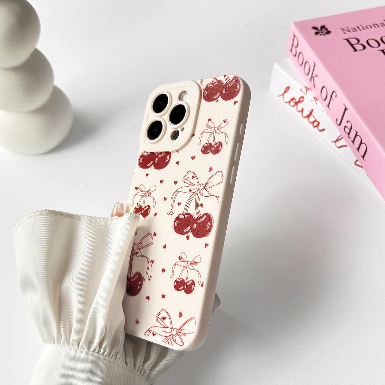 NITITOP Compatible with iPhone 12 Case Cute Cherry Bowknot Little Heart Pattern for Girls Women Soft TPU Durable Full Camera Lens Shockproof Protective Cover - White