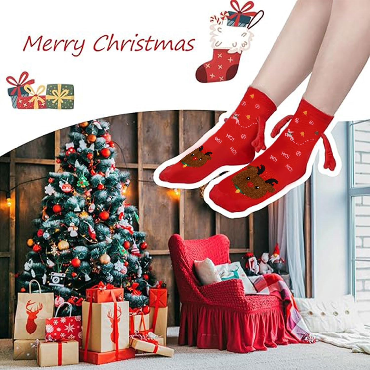 Zurligi 2 Pairs Holding Hands Socks, Funny Magnetic Hand Holding Cute Socks for Men Women, 3D Doll Couple Novelty Birthday for Lovers, Boyfriend, Family