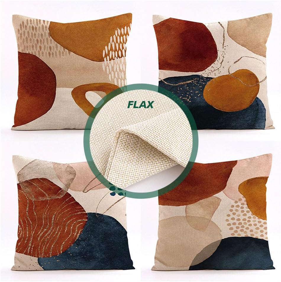 4Pcs Boho Cushion Cover, 45 x 45 cm,Mid Century Abstract Aesthetic Navy Blue Burnt Orange Cushion Covers Geometric Minimalist Modern Art Linen Cushion for Sofa Couch Home