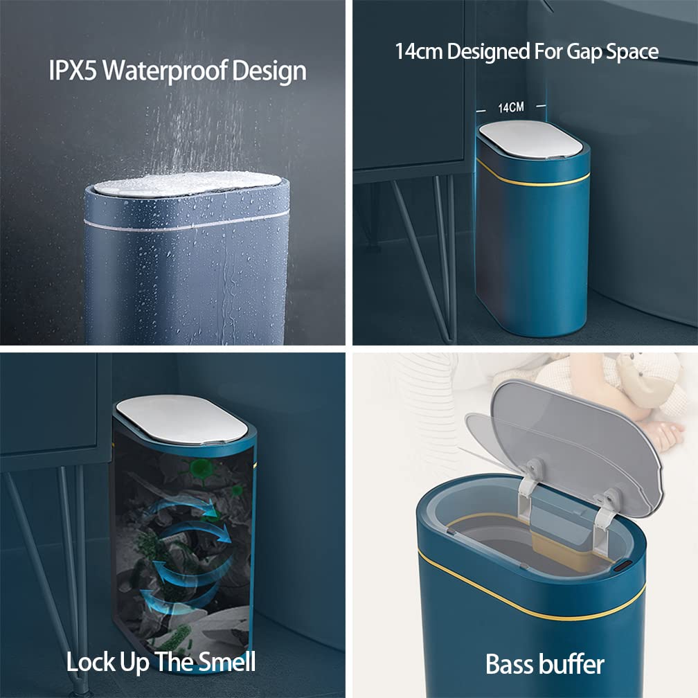 Automatic Trash Bin with Lid, Motion Sensor Garbage Can, 7 Liter Slim Plastic Wastebasket Rubbish Bin for Kitchen, Living Room, Bedroom, Office, White(No Battery)