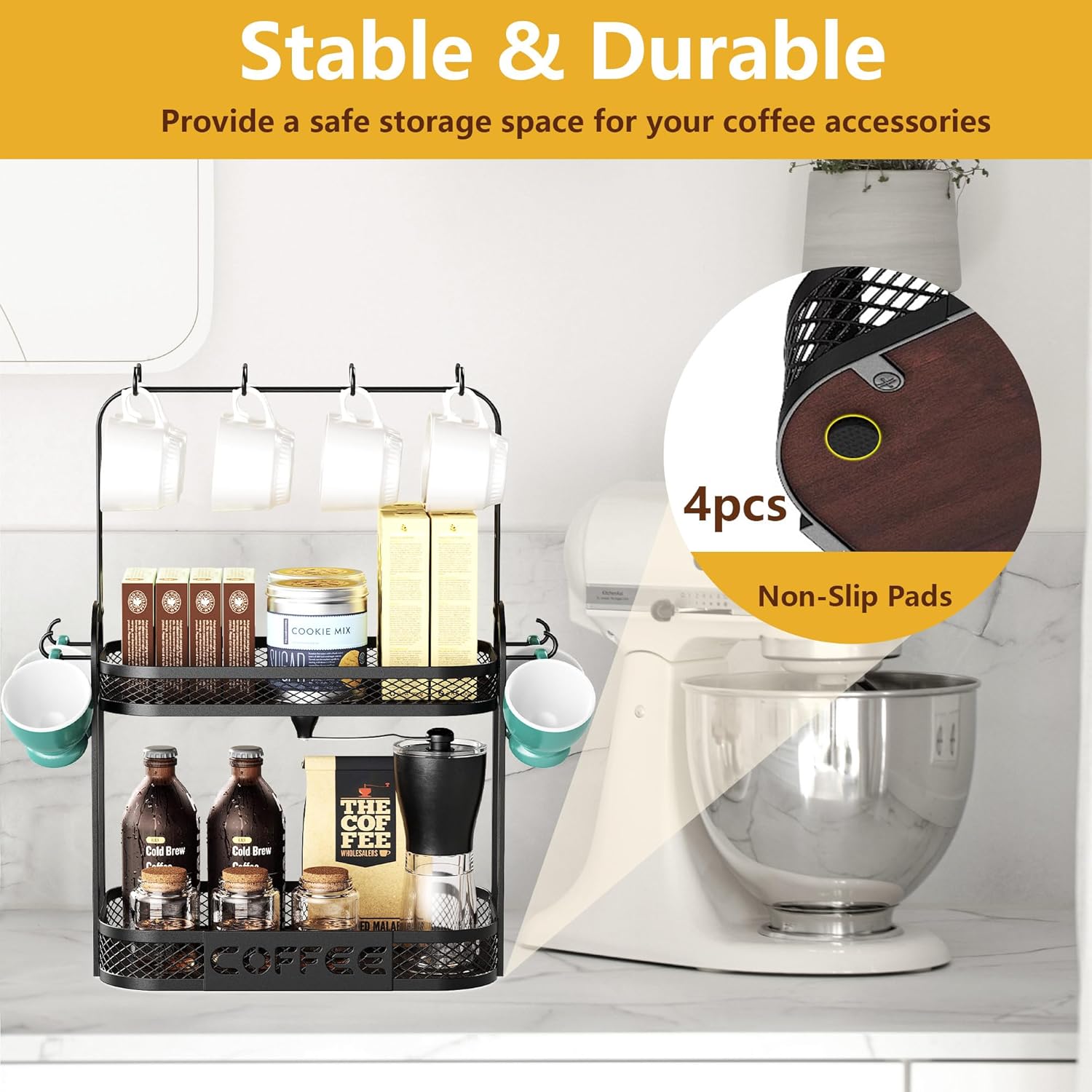 BEGULF 2-Tier Coffee Cup Holder for Countertop, Mug Holder with 12 Hooks, Vintage Mug Rack with Shelf, Coffee Bar Accessories Organizer, Suitable for Home, Office (Large)