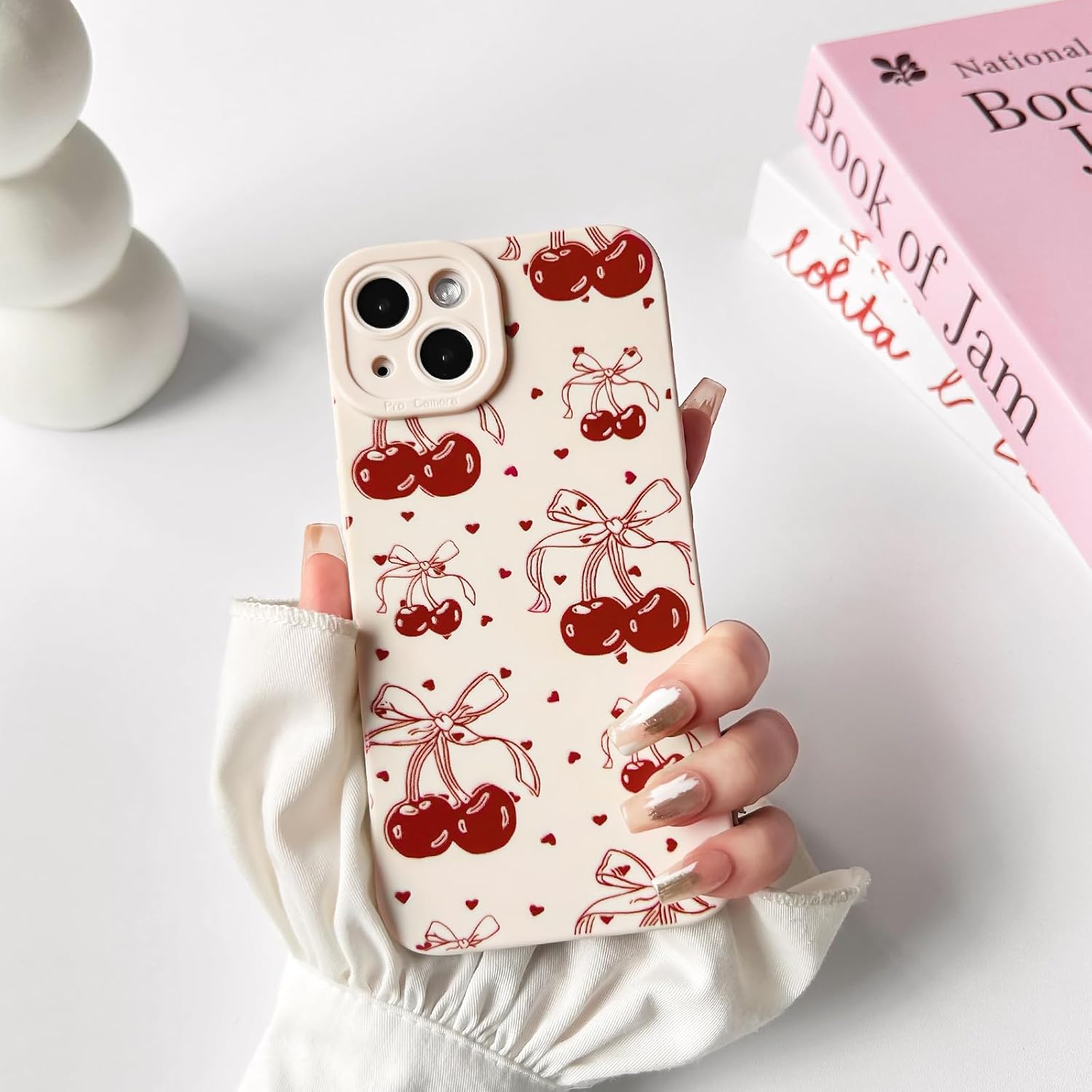 NITITOP Compatible with iPhone 12 Case Cute Cherry Bowknot Little Heart Pattern for Girls Women Soft TPU Durable Full Camera Lens Shockproof Protective Cover - White