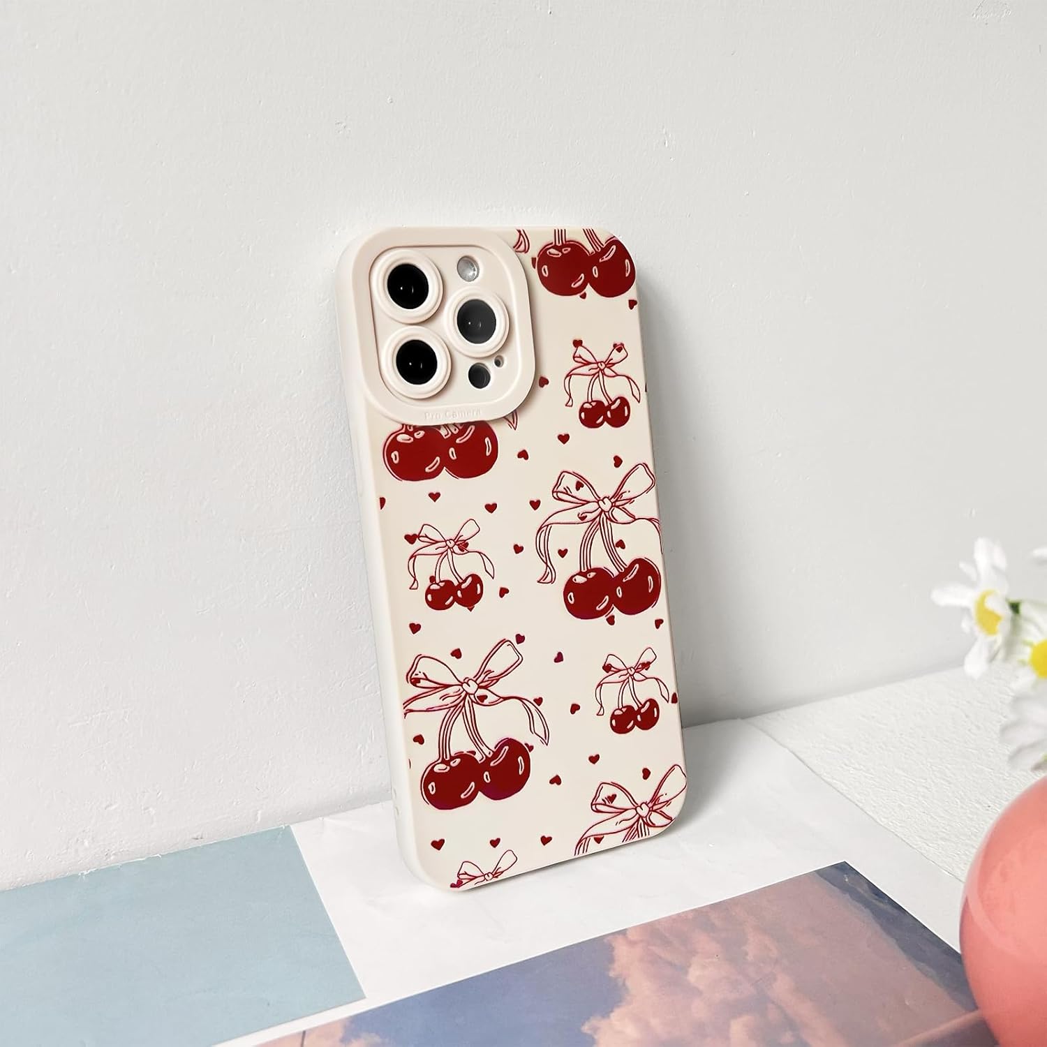 NITITOP Compatible with iPhone 12 Case Cute Cherry Bowknot Little Heart Pattern for Girls Women Soft TPU Durable Full Camera Lens Shockproof Protective Cover - White
