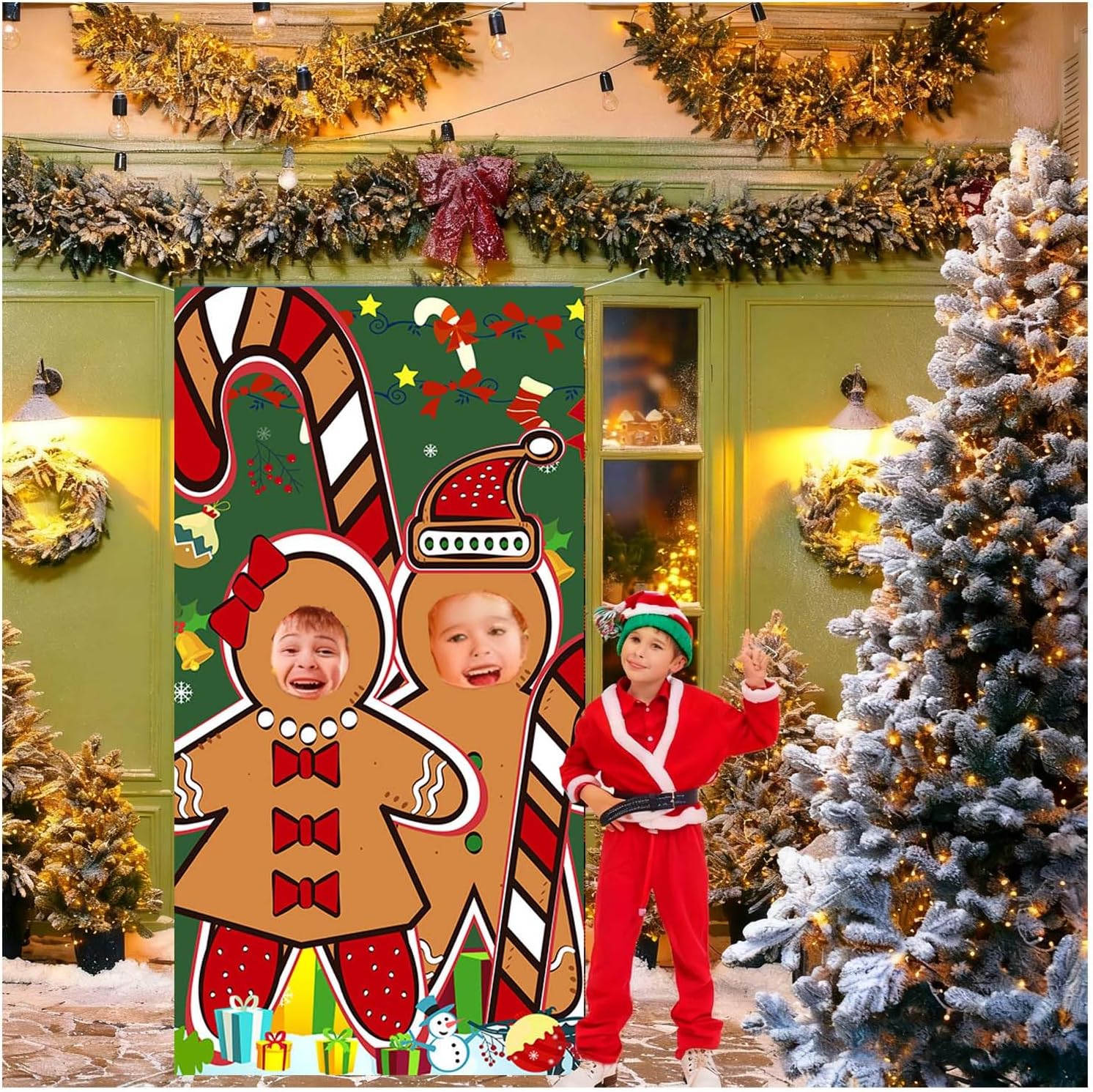 Christmas Party Face in Hole Door Backdrop Funny Photo Booth Prop Banner with Rope Xmas Holiday Photography Decorations Supplies (Gingerbread Man)