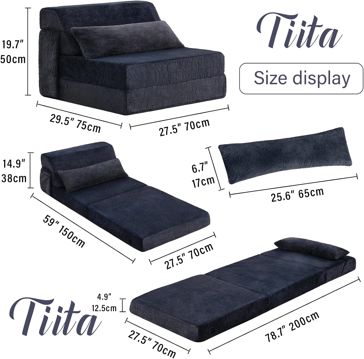 Tiita Folding Sofa Bed with Pillow 200x70x12cm Mattress&Plush Fabric Foldable Sofa Lounge Mat Pad,Floor Lounger Chair Bed for Living Room,Guest Room,Dorm,Apartment,Camping and Travel Use