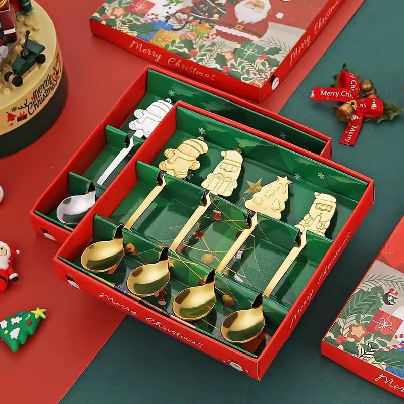 LIVSY Christmas Cartoon Stainless Steel Coffee Spoons – Cute Holiday Mixing Spoon Gift Set for Coffee, Tea, Dessert & Tableware (Gold/Silver, 4-Pack) (Silver)