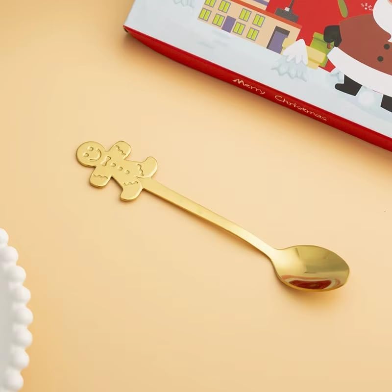 LIVSY Christmas Cartoon Stainless Steel Coffee Spoons – Cute Holiday Mixing Spoon Gift Set for Coffee, Tea, Dessert & Tableware (Gold/Silver, 4-Pack) (Silver)