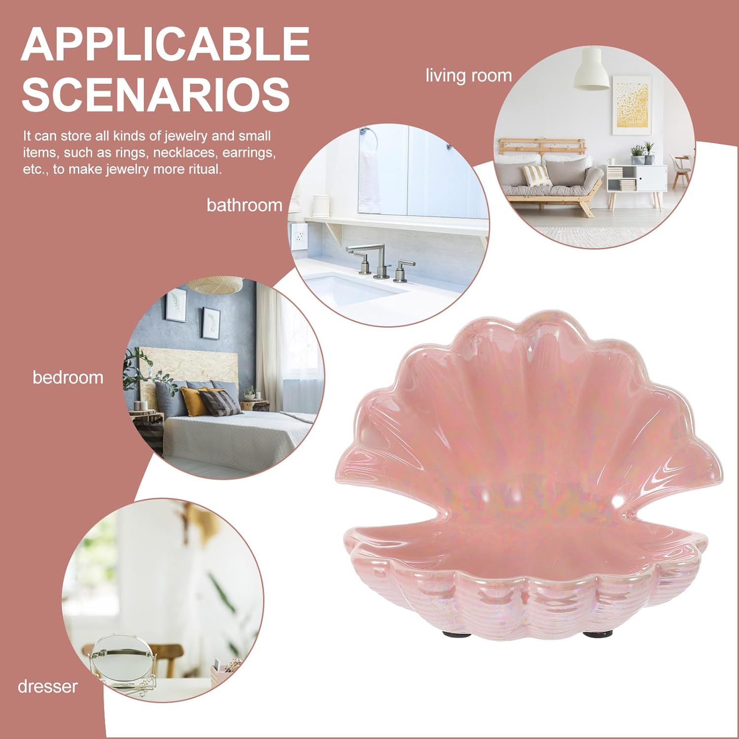 PACKOVE Shell Jewelry Tray - Ceramic Trinket Dish, Ring Holder, Decorative Plate for Organizing Keys and Accessories - Pink