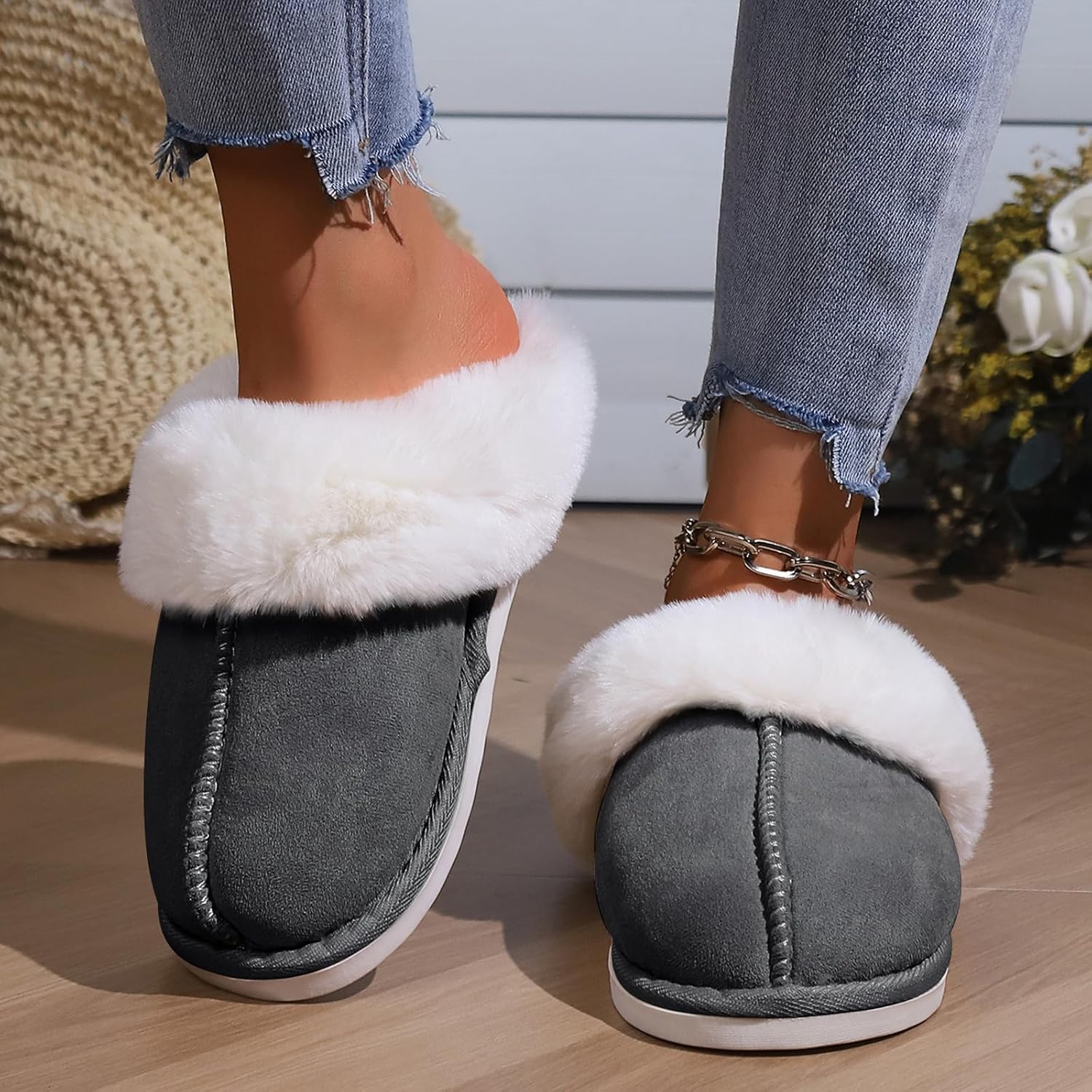 TopG Fuzzy Memory Foam Slippers Fluffy Winter House Slippers Suede Slippers with Faux Fur Collar Indoor Outdoor
