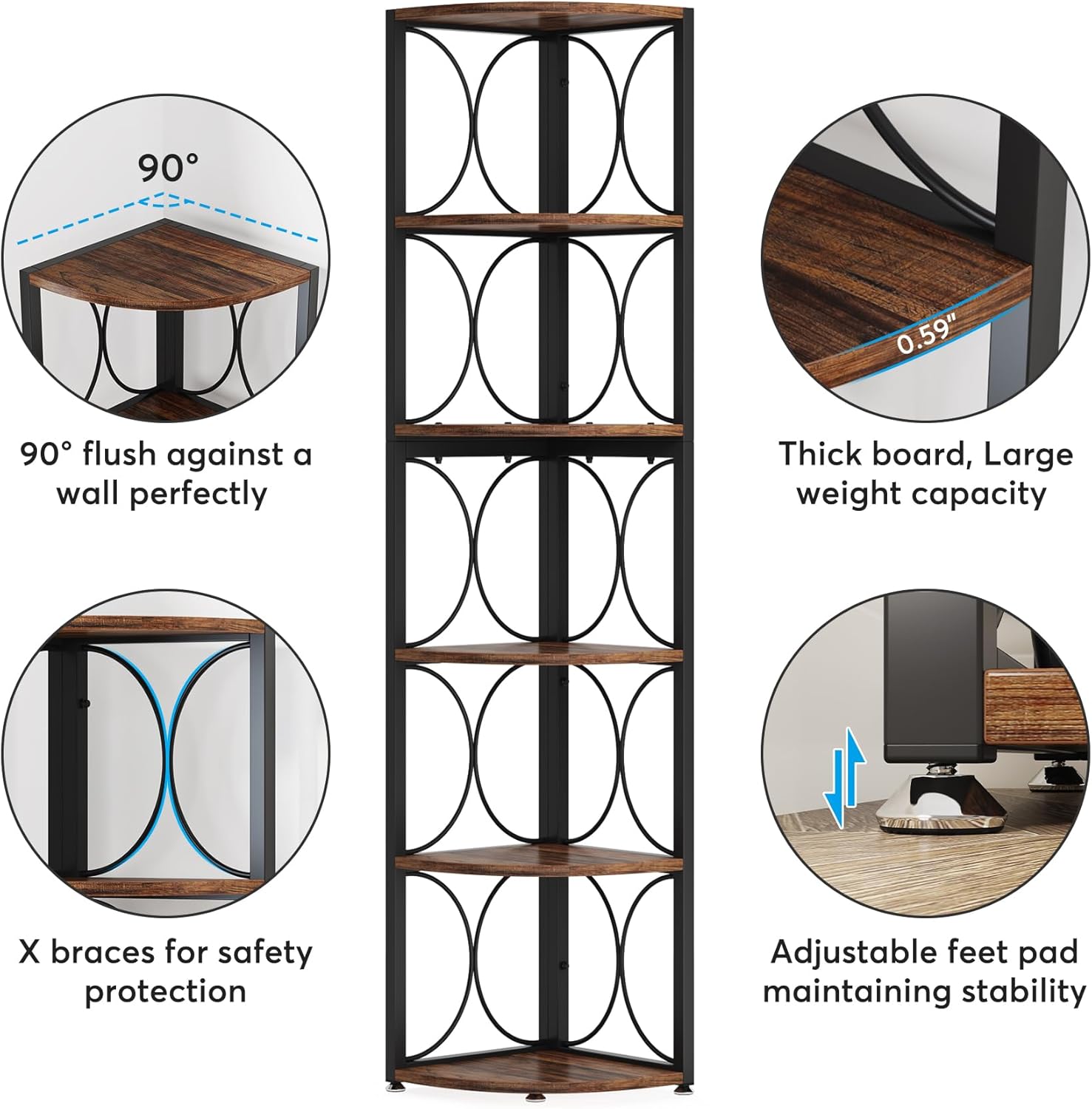 Tribesigns 67 inch Tall Corner Shelf, 6 Tier Rustic Corner Bookshelf Bookcase Storage Rack Standing Shelving Unit for Living Room, Small Space