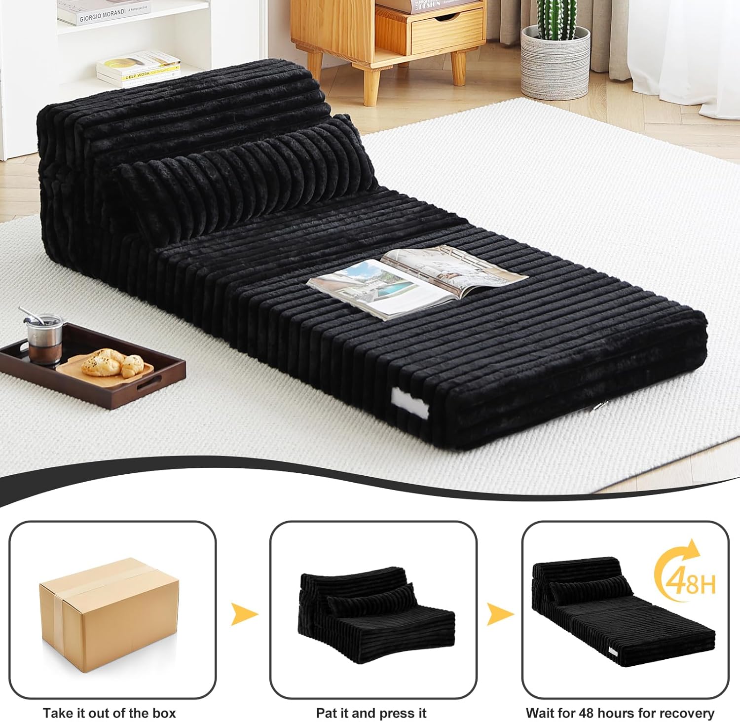 Tiita Folding Sofa Bed with Pillow 200x70x12cm Mattress&Plush Fabric Foldable Sofa Lounge Mat Pad,Floor Lounger Chair Bed for Living Room,Guest Room,Dorm,Apartment,Camping and Travel Use