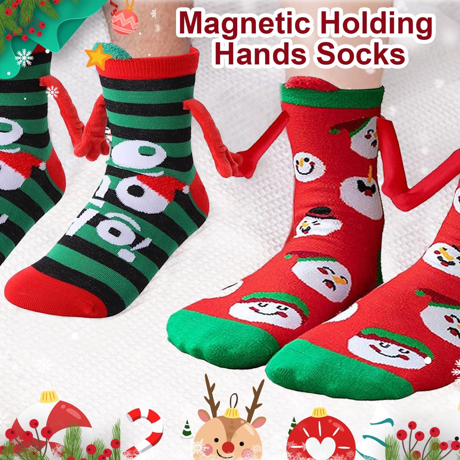 Zurligi 2 Pairs Holding Hands Socks, Funny Magnetic Hand Holding Cute Socks for Men Women, 3D Doll Couple Novelty Birthday for Lovers, Boyfriend, Family