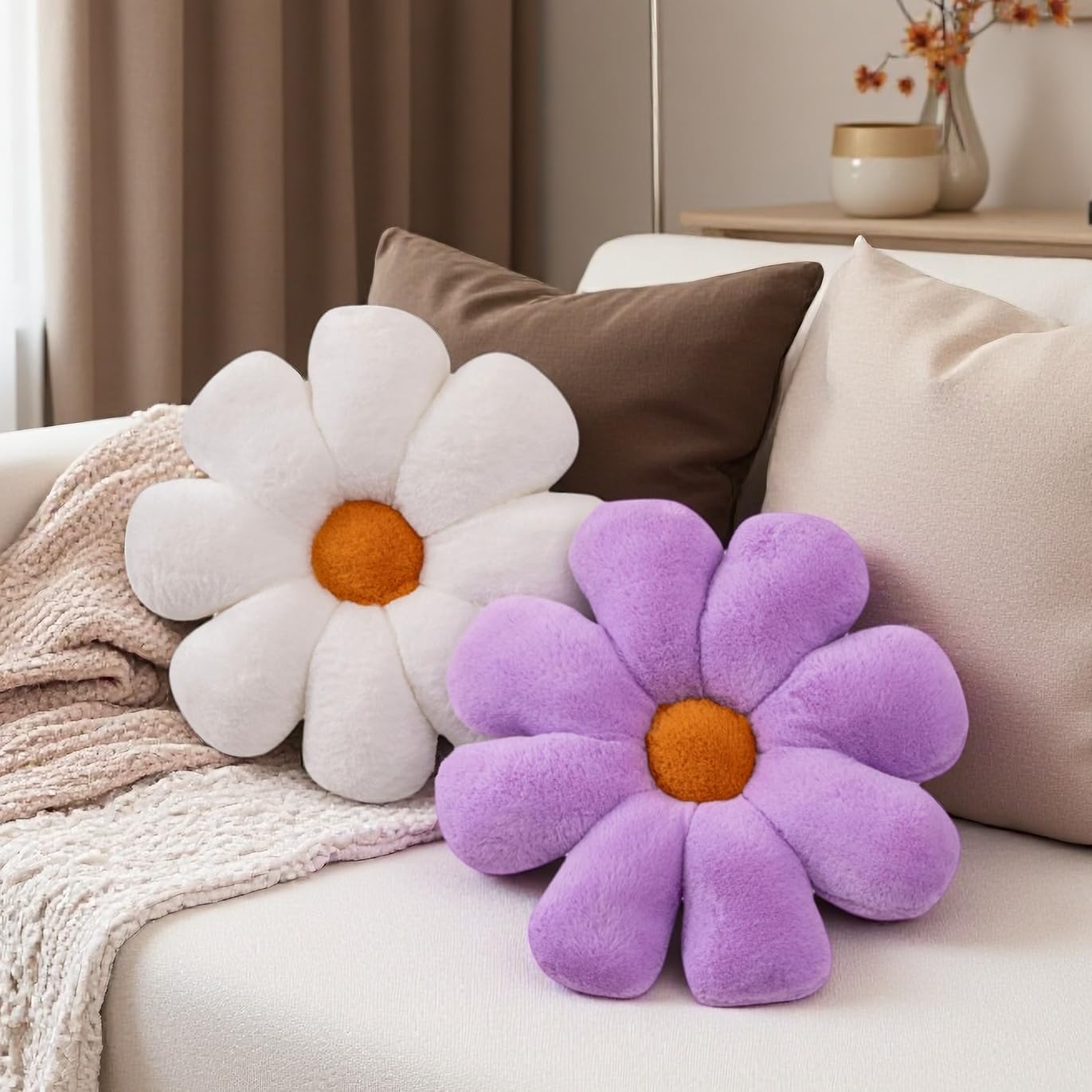 2 Pcs Flower Pillow Floor Cushion Decorative Throw Pillows Cute Aesthetic Pillows Cushions for Bedroom Preppy Room Bed Sofa Chair Decor (Pink & White)