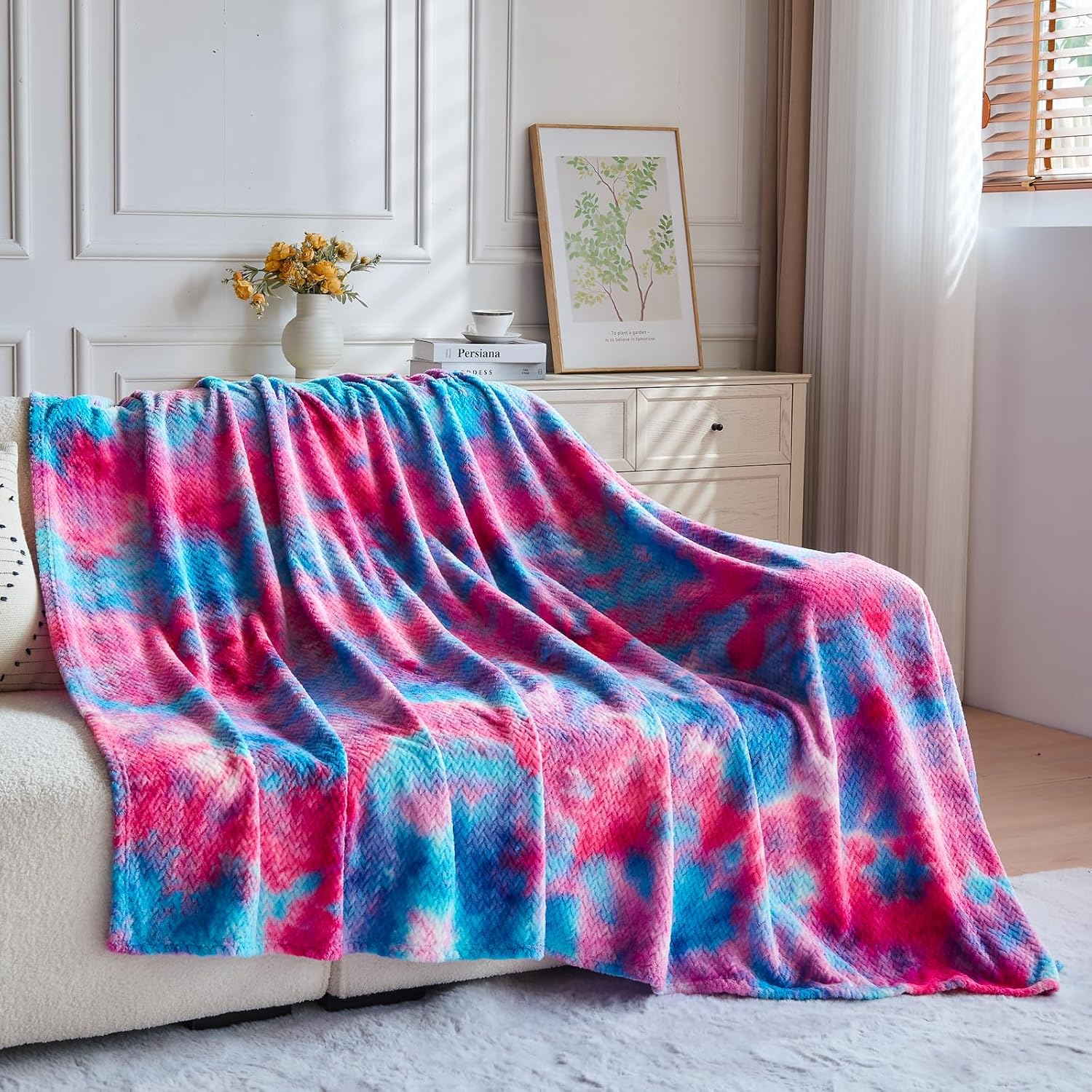 NEWCOSPLAY Super Soft Throw Blanket Deep Purple Rainbow Premium Silky Flannel Fleece Leaves Pattern Lightweight Bed Blanket All Season Use (Deep Purple Rainbow, Throw(50x60))