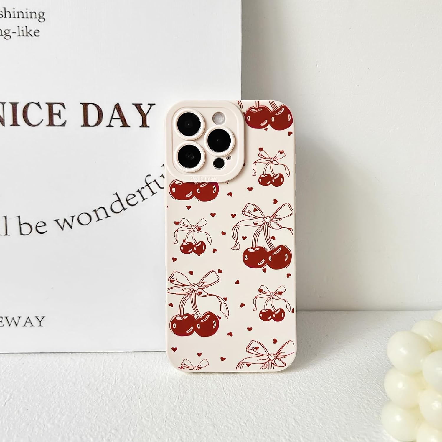 NITITOP Compatible with iPhone 12 Case Cute Cherry Bowknot Little Heart Pattern for Girls Women Soft TPU Durable Full Camera Lens Shockproof Protective Cover - White