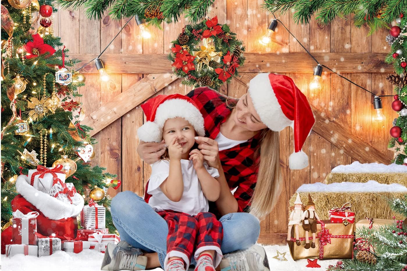 CHAIYA 7x5ft Christmas Backdrop Barn Wood Door Photography Backdrop Xmas Tree Snow Background Winter Xmas Party Supplies Christmas Family Kids Party Banner
