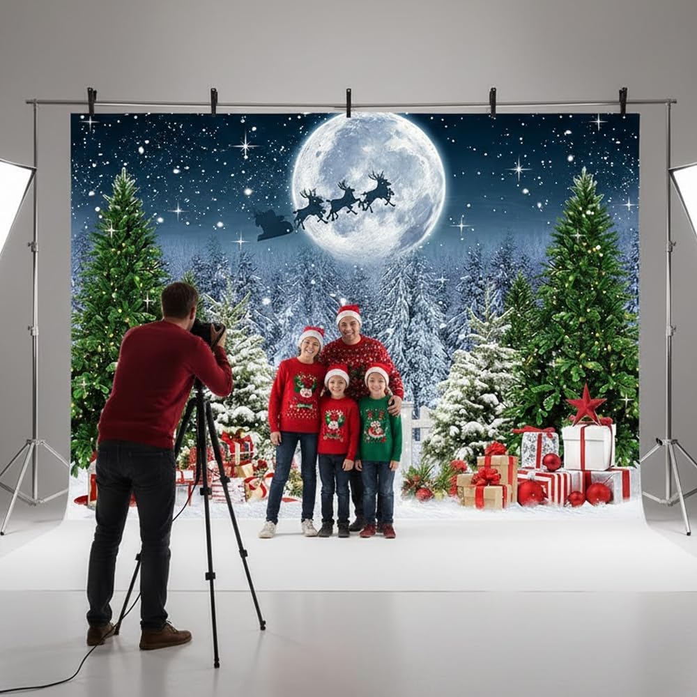 7x5ft Fabric Christmas Backdrop for Photography,Winter Night Snow Background Xmas Tree Forest Snowfall Starry Sky Moon Santa Photo Banner Props