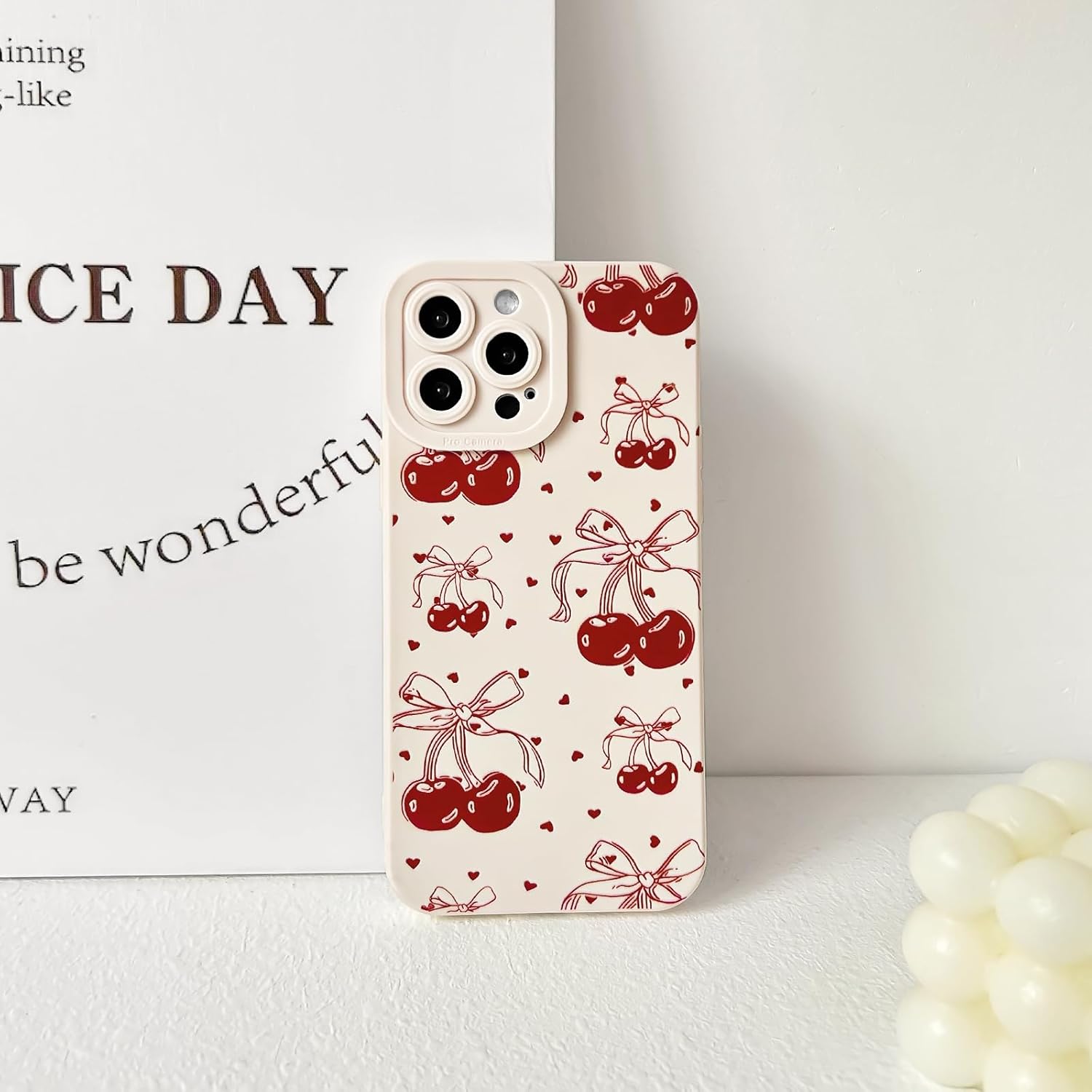 NITITOP Compatible with iPhone 12 Case Cute Cherry Bowknot Little Heart Pattern for Girls Women Soft TPU Durable Full Camera Lens Shockproof Protective Cover - White