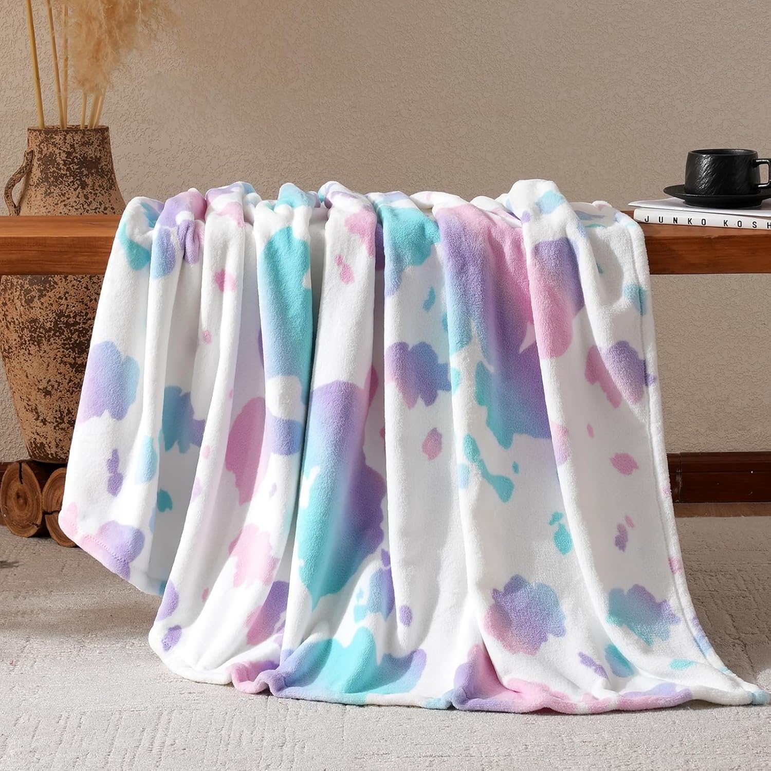 Cozy Bliss Cow Print Fuzzy Throw Blanket for Couch - Thick Soft Warm Non Shedding Fleece Blankets for Western Décor Room, for Kids, Women Men Girls, Teal Blue 50*60