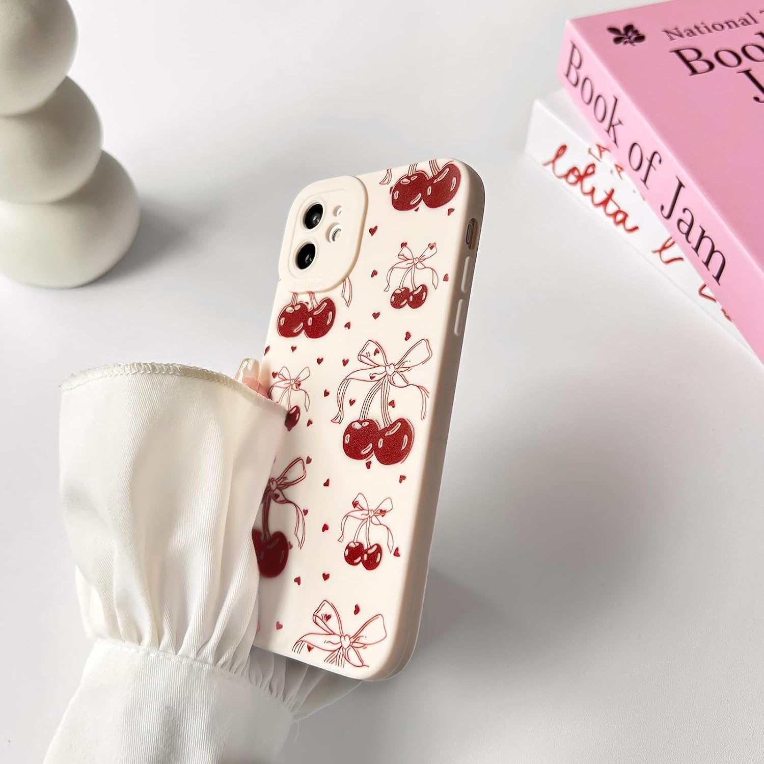 NITITOP Compatible with iPhone 12 Case Cute Cherry Bowknot Little Heart Pattern for Girls Women Soft TPU Durable Full Camera Lens Shockproof Protective Cover - White