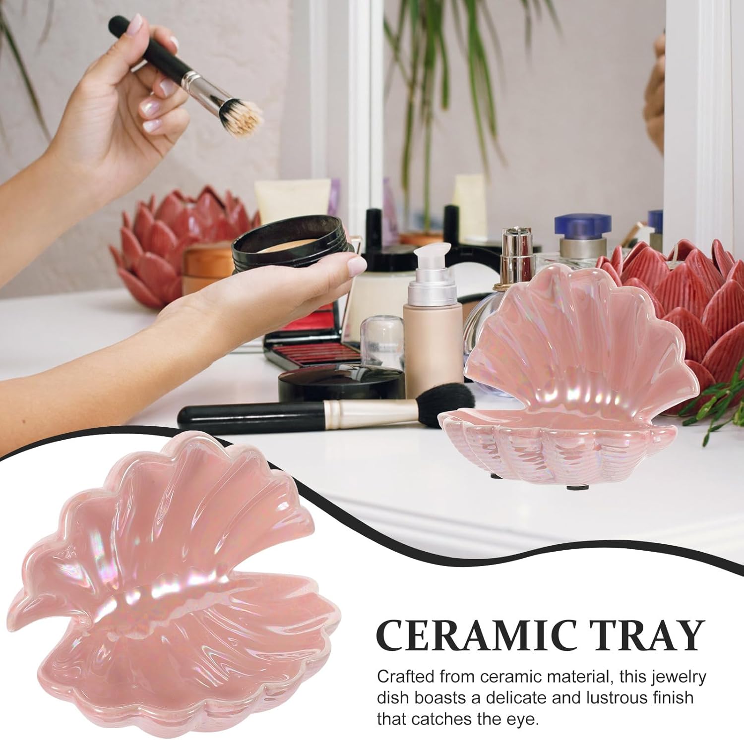 PACKOVE Shell Jewelry Tray - Ceramic Trinket Dish, Ring Holder, Decorative Plate for Organizing Keys and Accessories - Pink