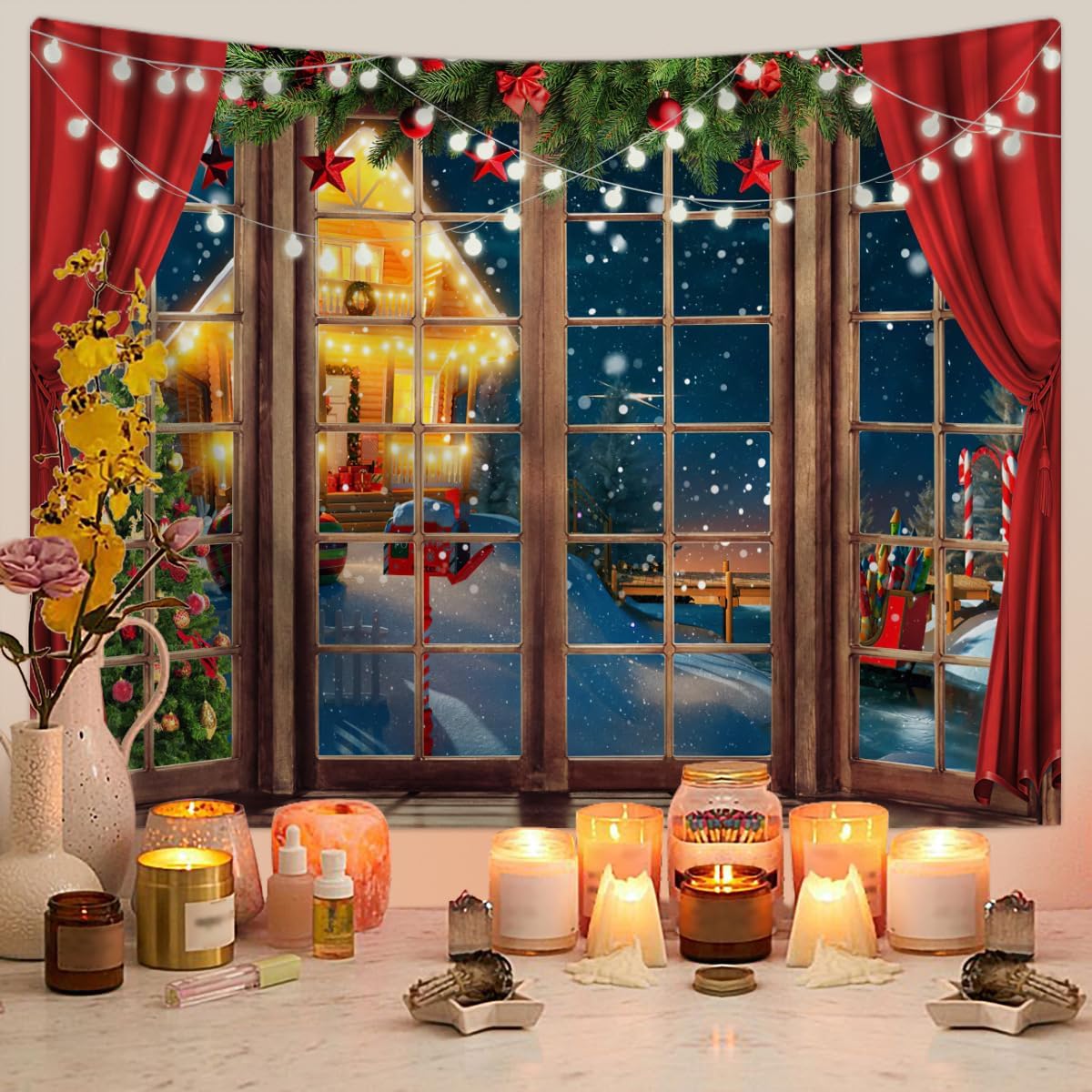 Geiwogwc 8X6FT Christmas Window Backdrop Christmas Backdrops for Wall Holiday Background