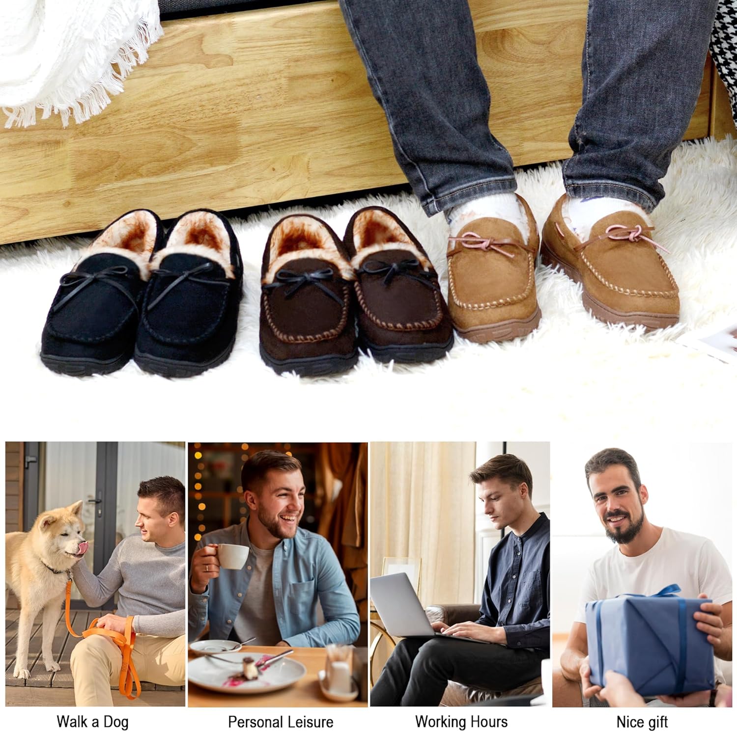 SKABIU Mens Moccasin Slippers Memory Foam Indoor & Outdoor House Slippers Cozy Bedroom Shoes