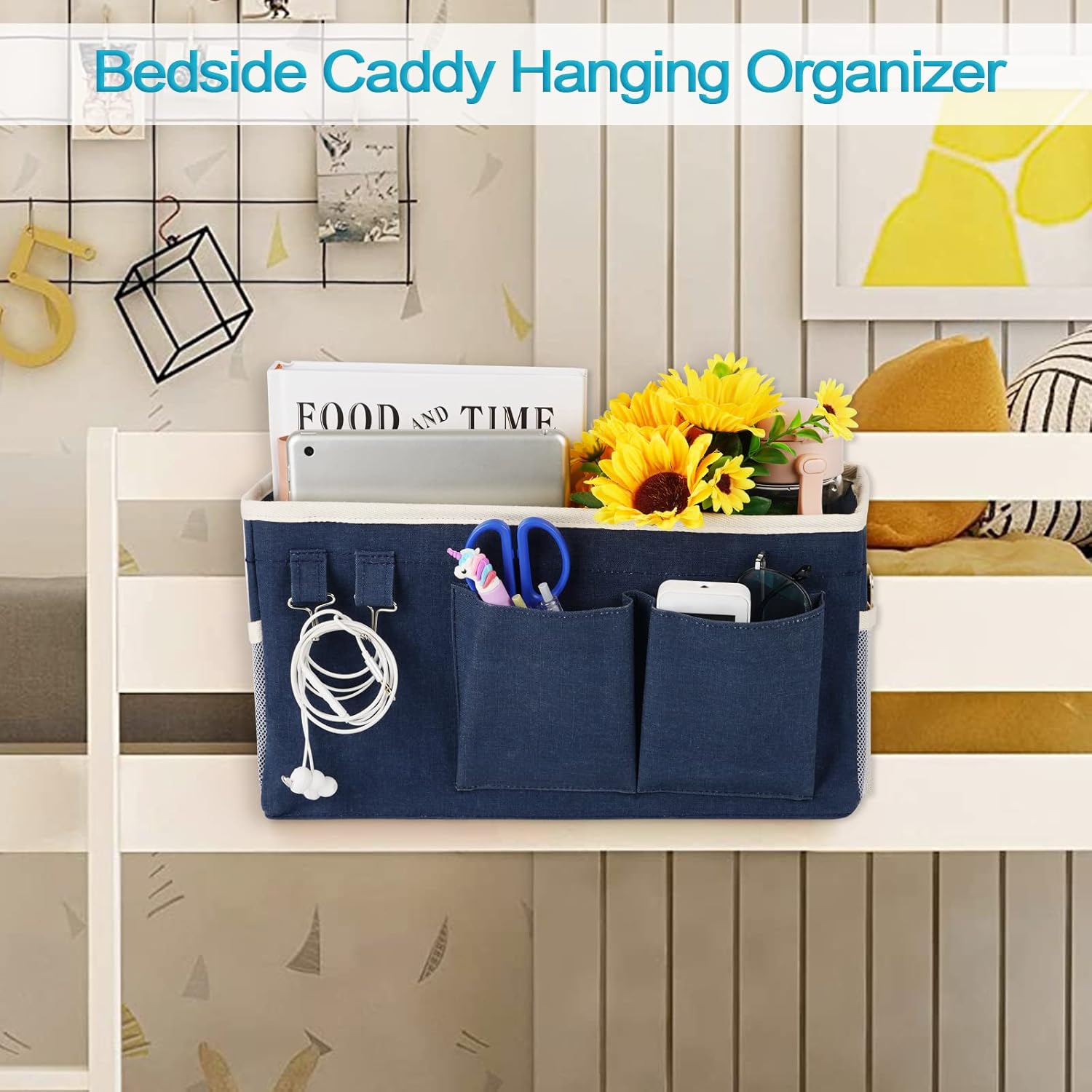 Loghot Bedside Caddy/Bedside Storage Bag Hanging Organizer for Bunk and Hospital Beds,Dorm Rooms Bed Rails,Can be Placed Glasses,Books,Mobile Phones,Keys (Light Pink)