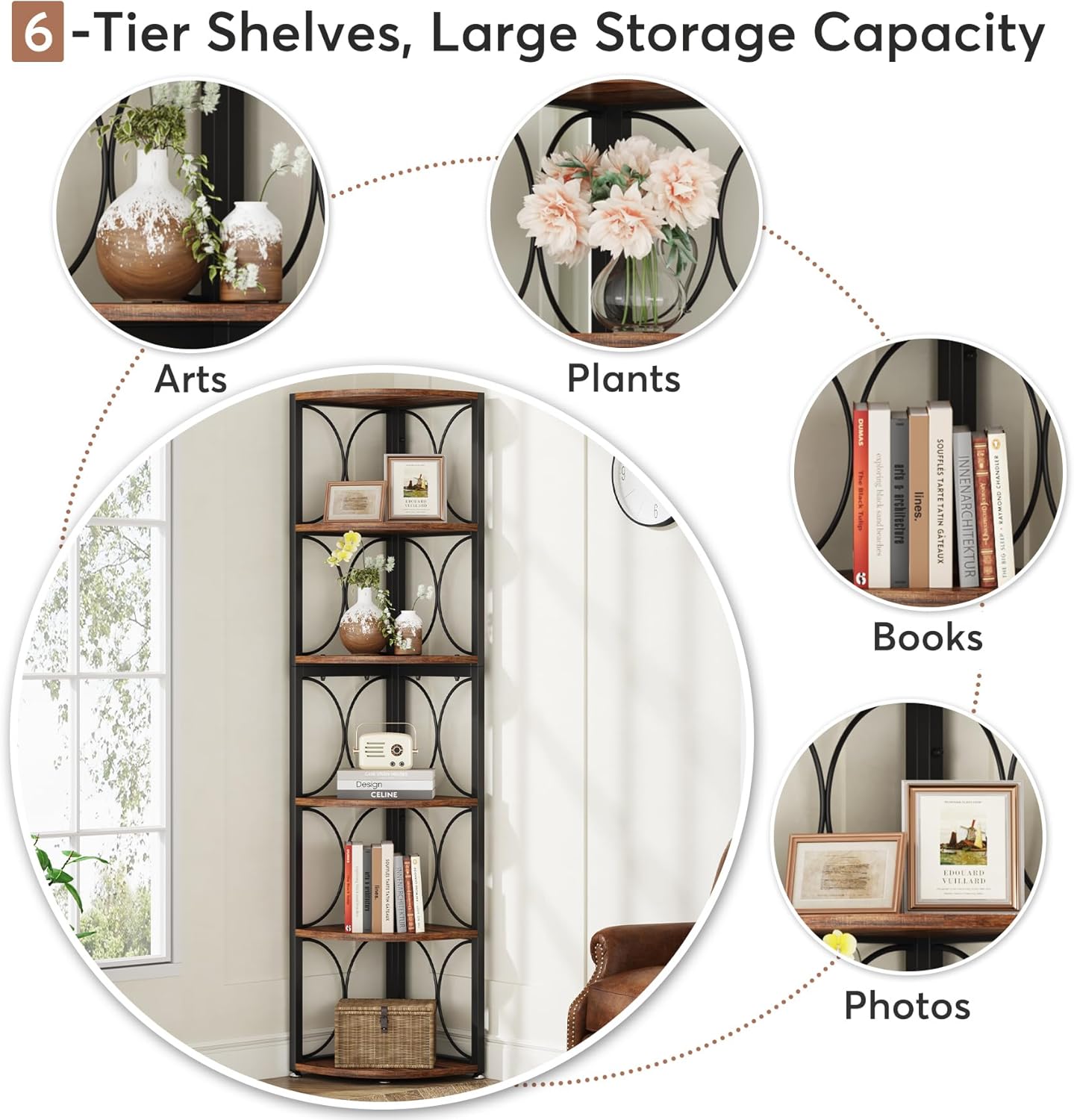Tribesigns 67 inch Tall Corner Shelf, 6 Tier Rustic Corner Bookshelf Bookcase Storage Rack Standing Shelving Unit for Living Room, Small Space