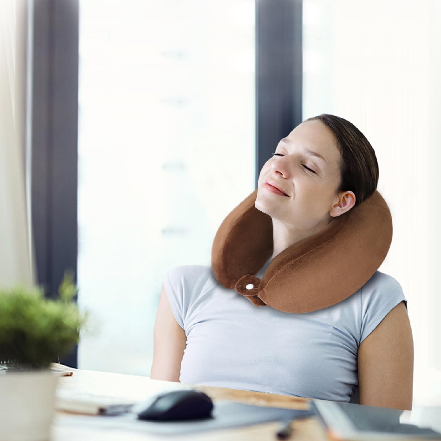 Travel Neck Pillows Adjustable U-Shaped Memory Foam Airplane Pillows Support Headrest and Neck Removable Breathable Neck Pillow for Car Office Home Camping Use Purple Color